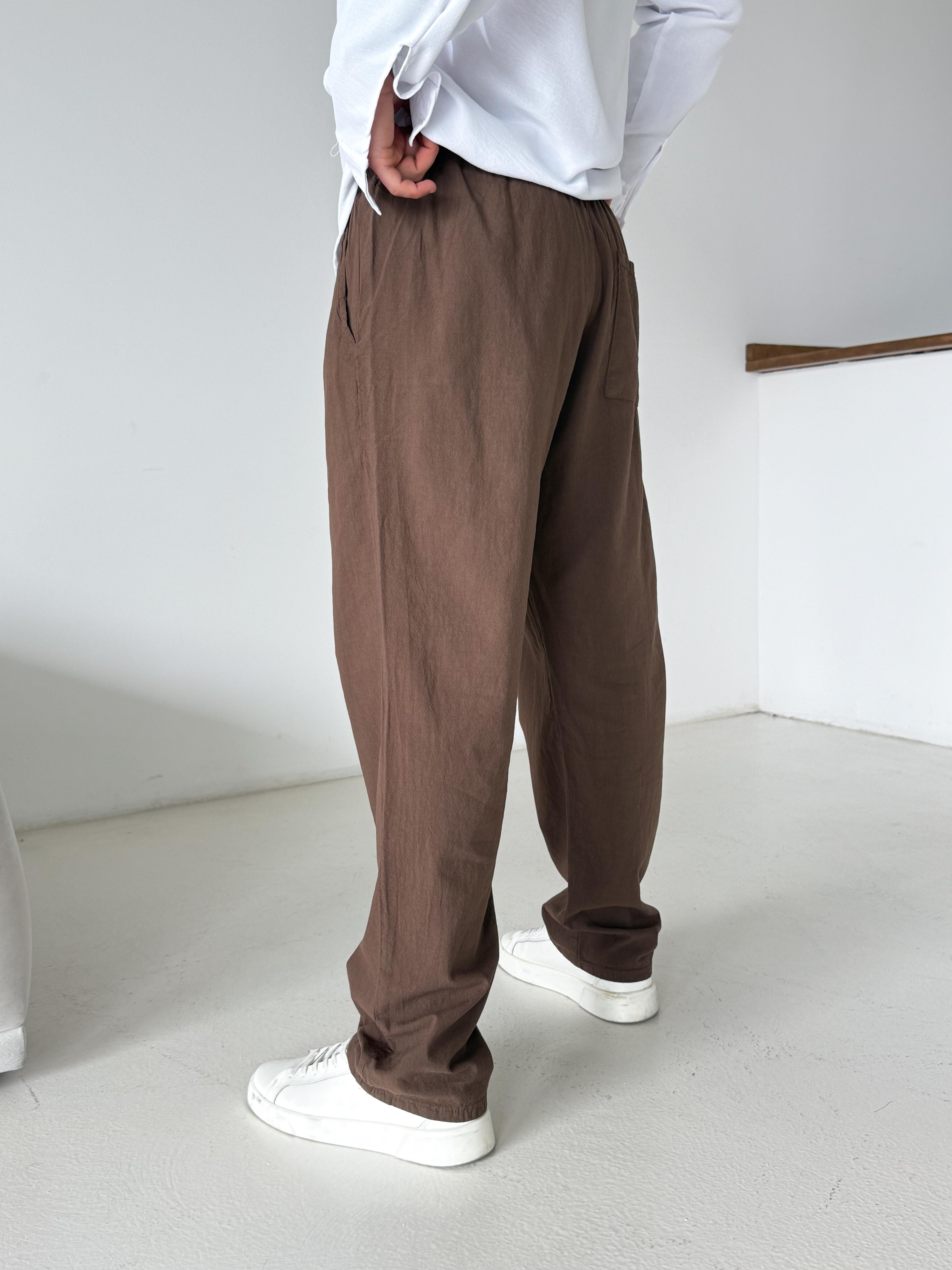 Kahve Düğmeli Ham Keten Pantalon TK