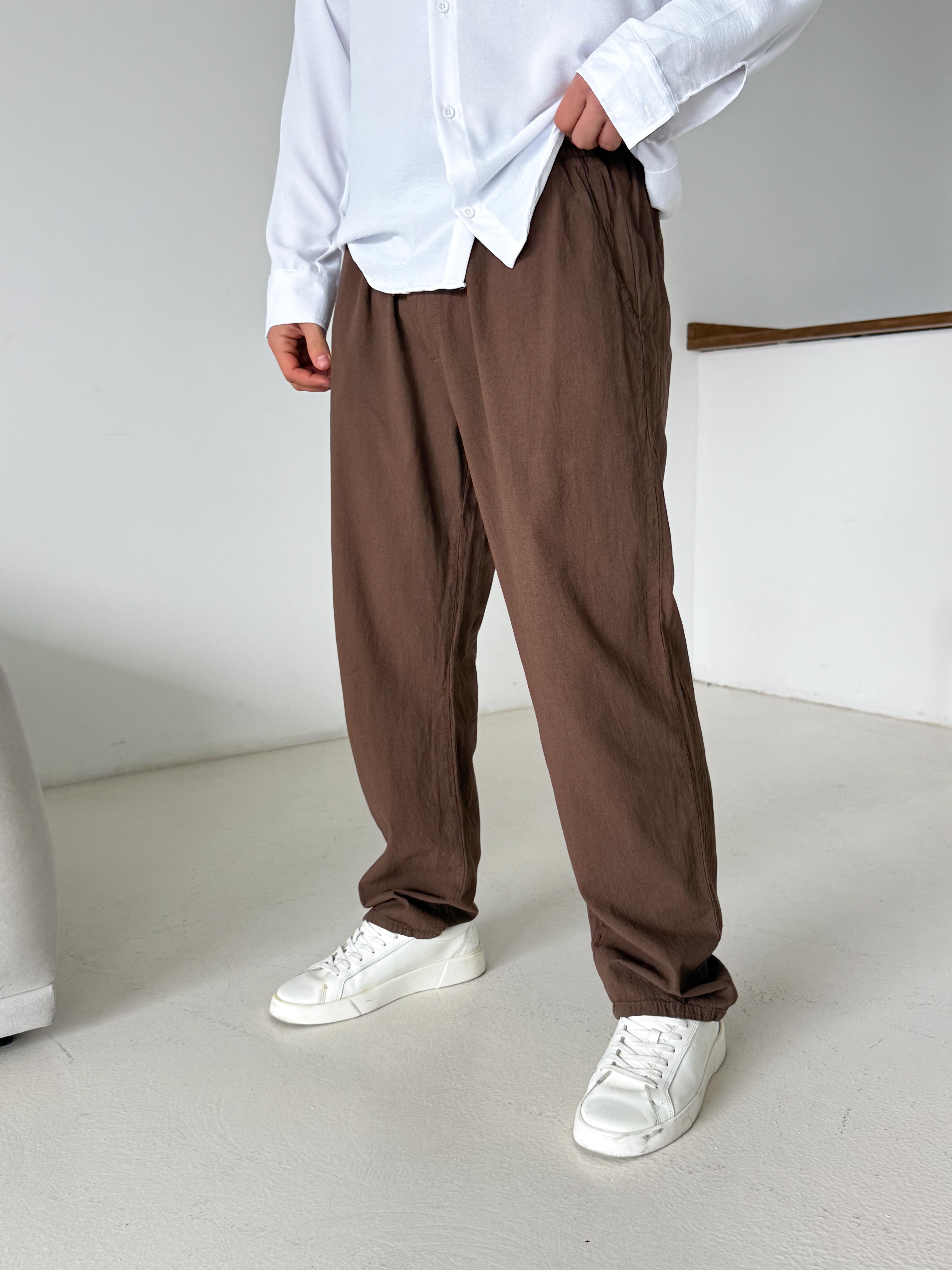 Kahve Düğmeli Ham Keten Pantalon TK