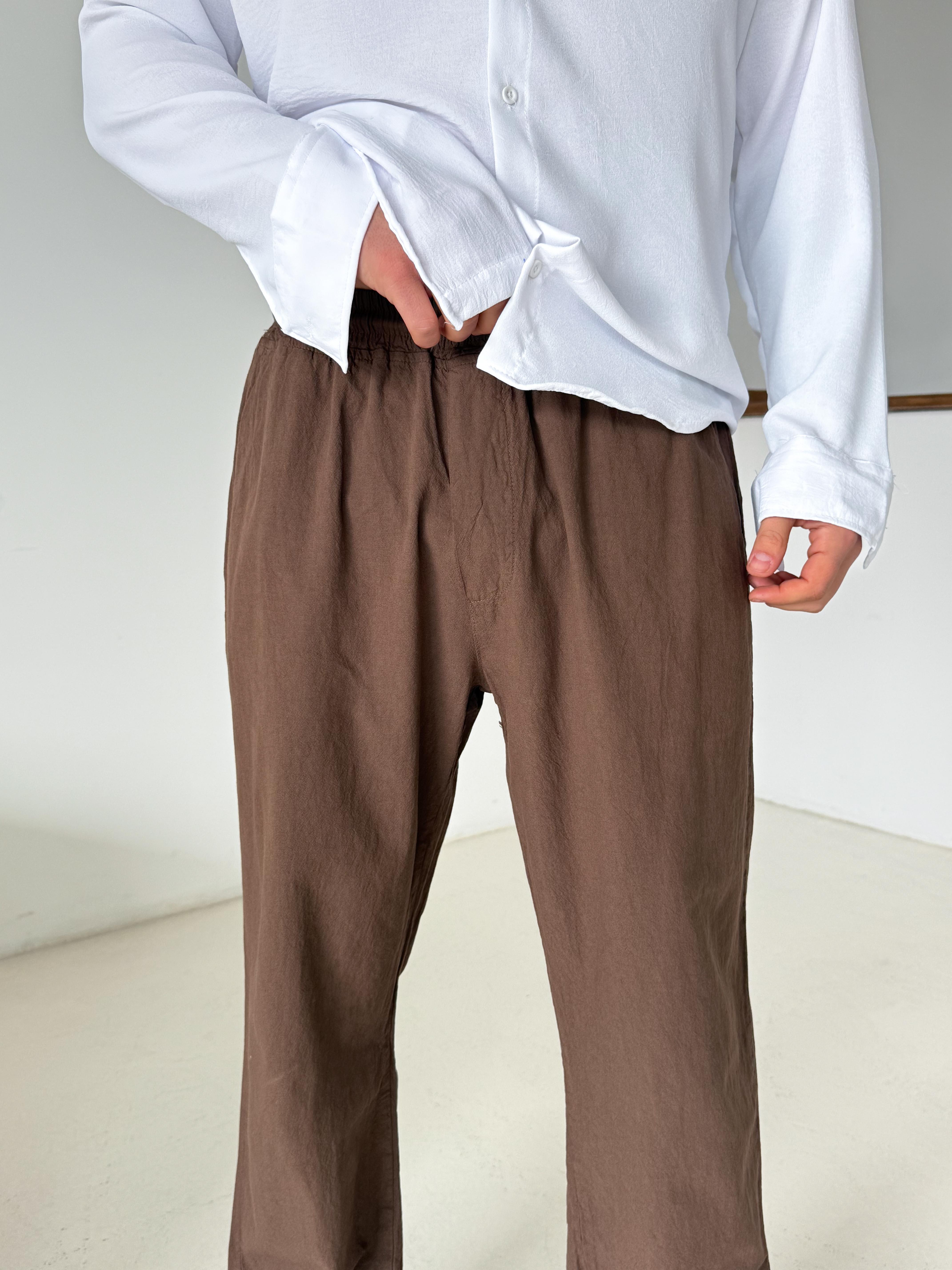 Kahve Düğmeli Ham Keten Pantalon TK