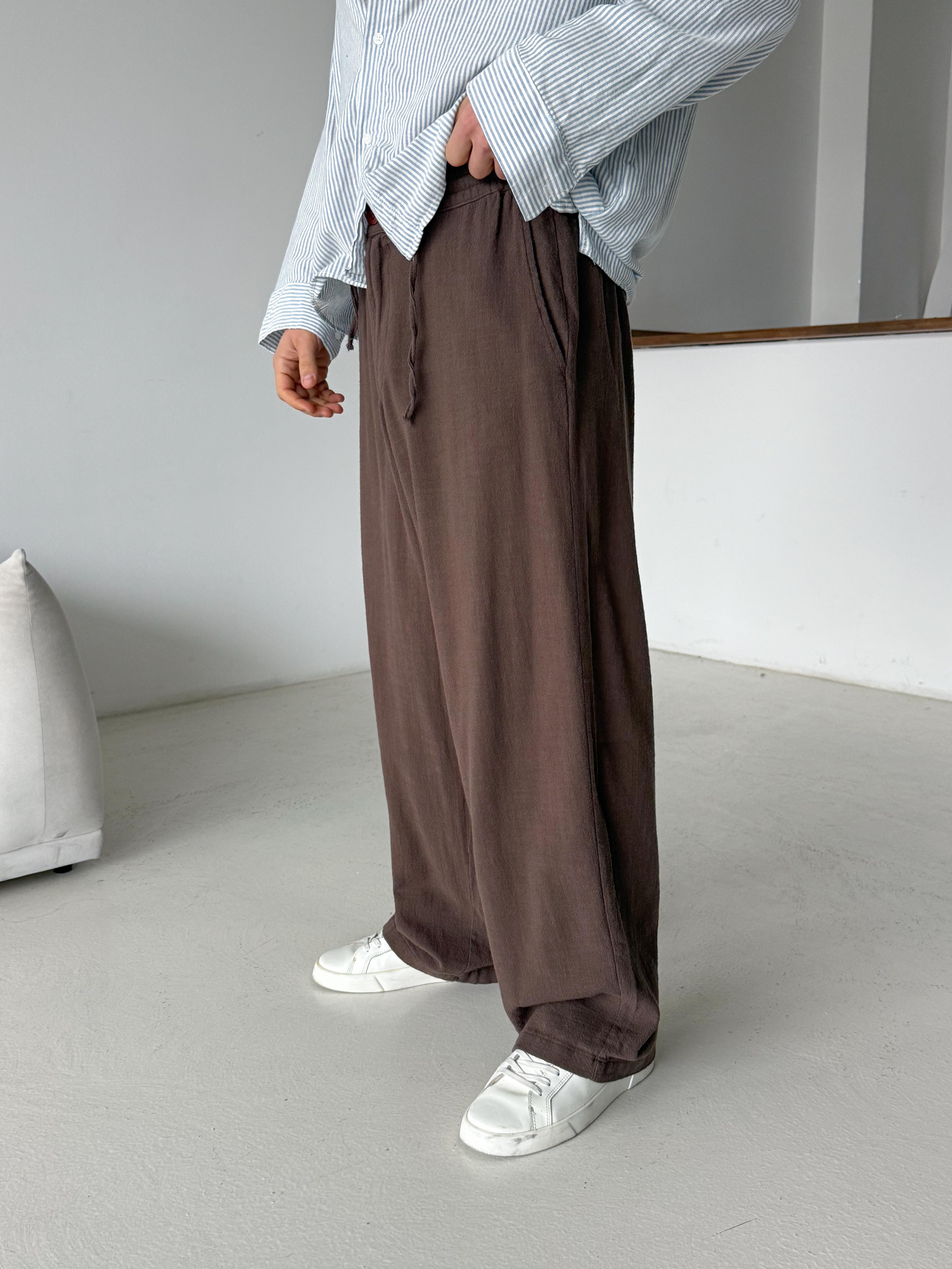 Kahve Keten Baggy Yarı Lastikli Pantalon PNC 4060