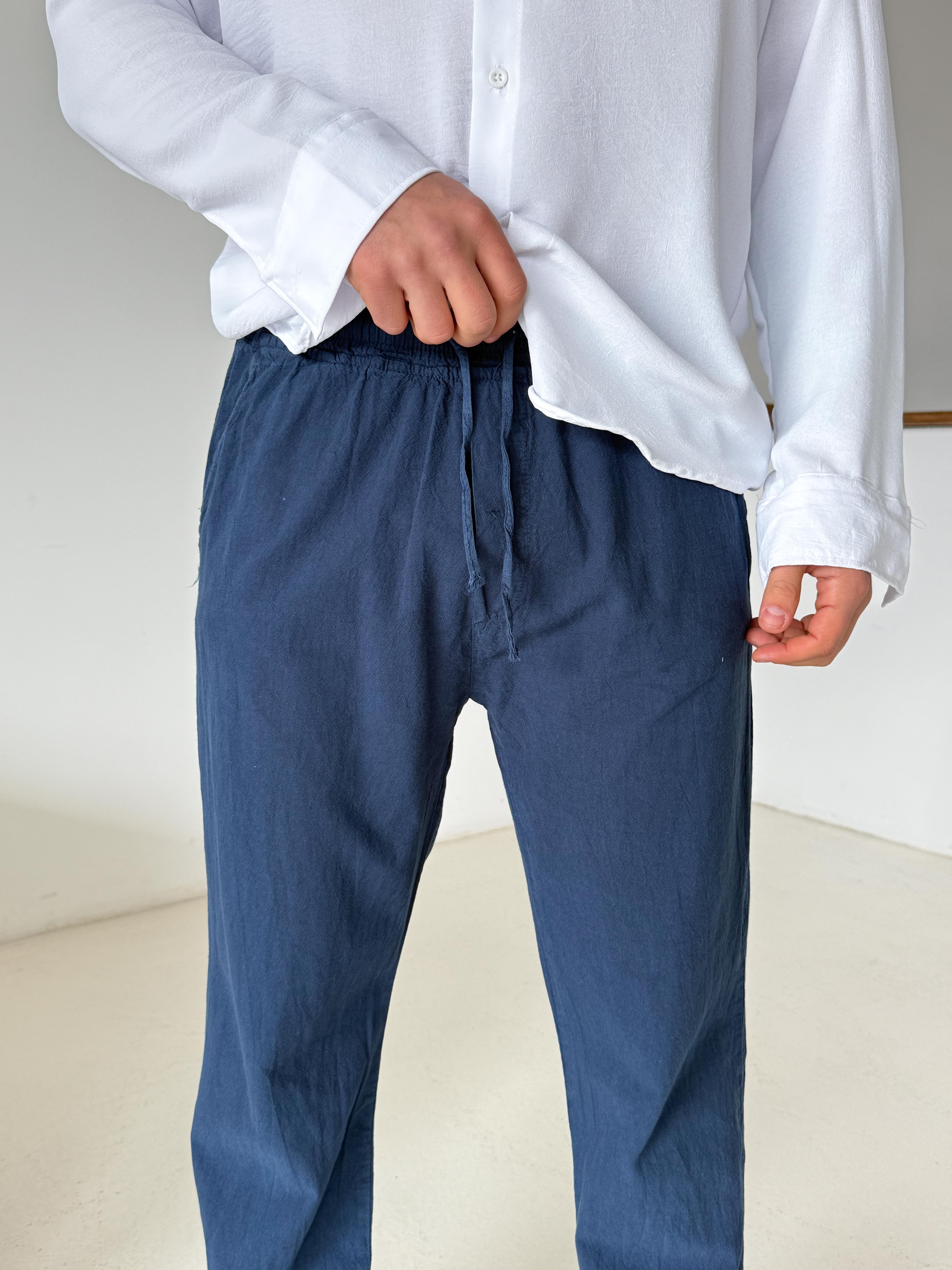 Lacivert Bel Lastikli Keten Pantalon TK