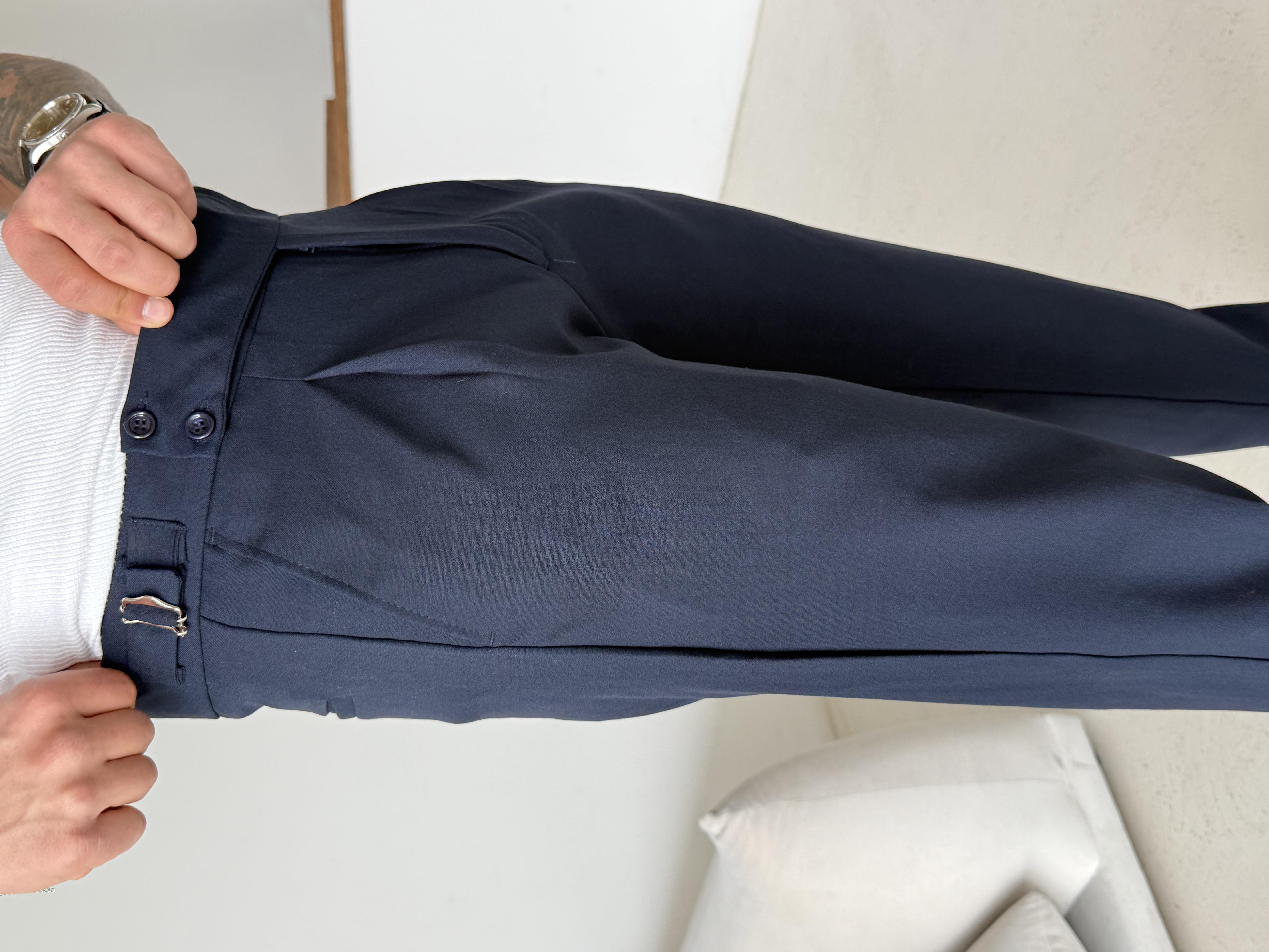 Lacivert Dört Düğmeli Tokalı Regular Fit Kumaş Pantalon SC