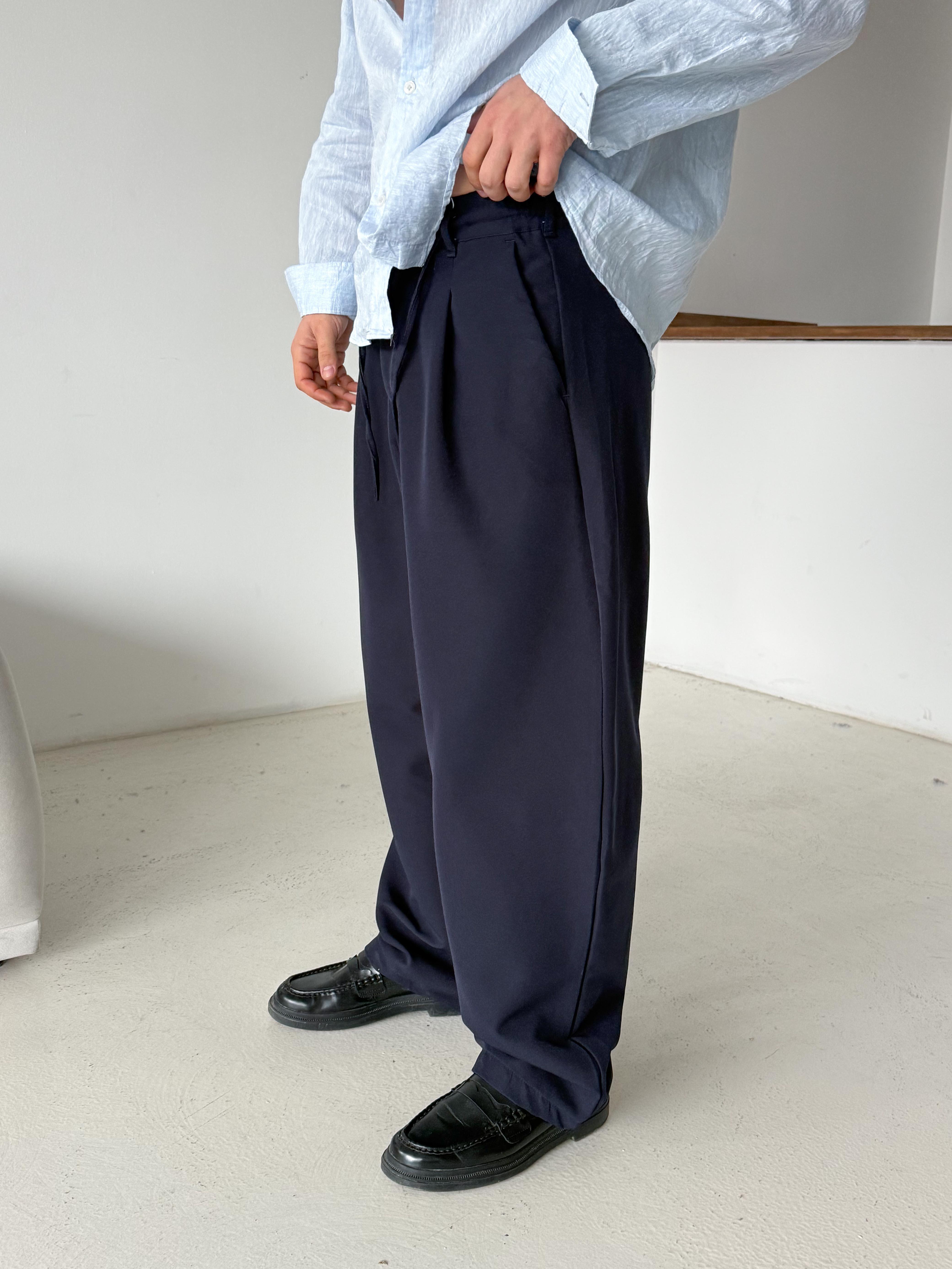 Lacivert Double Balon Kalıp Yarım Lastik Pantalon PNC 4068