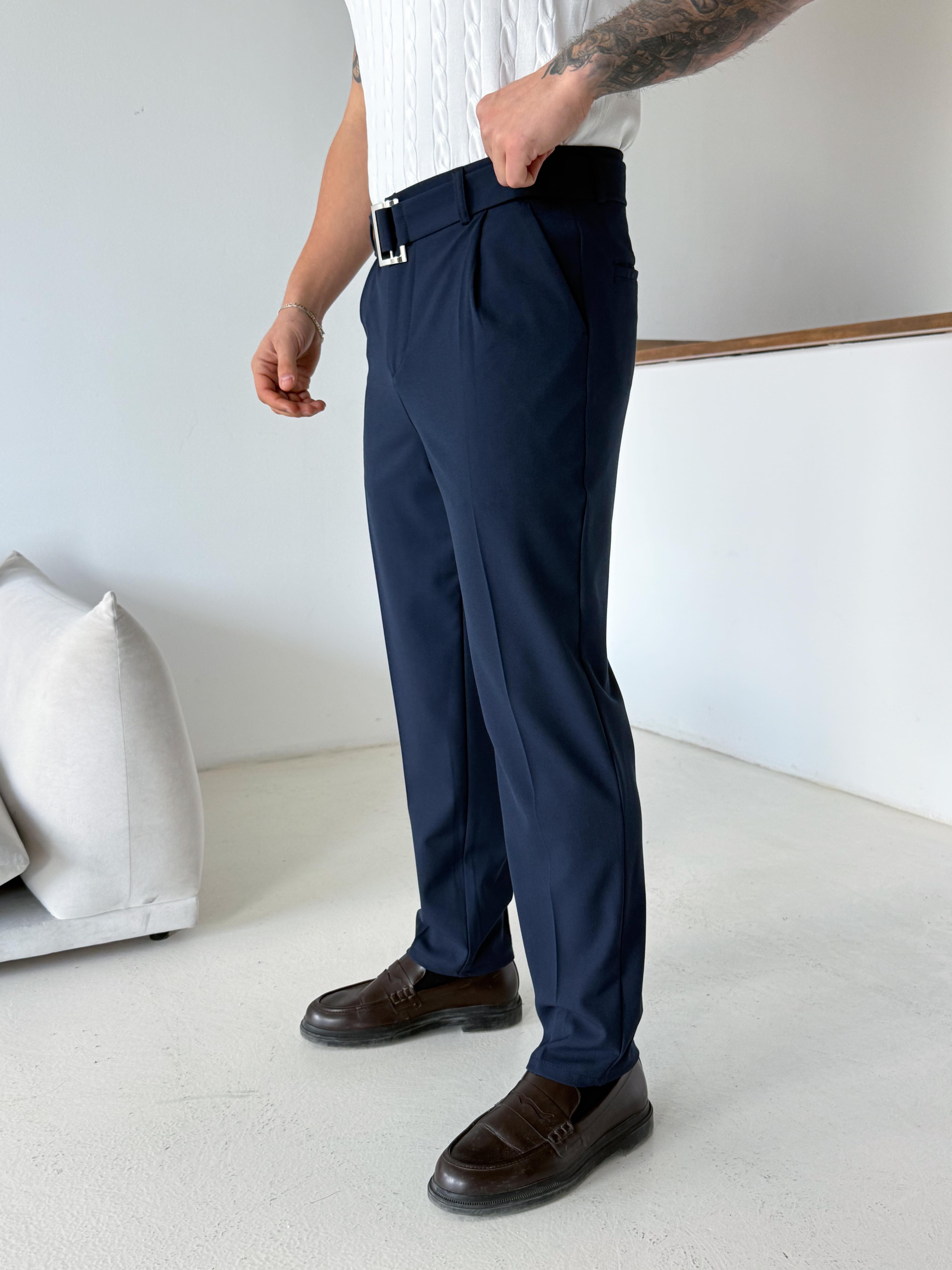 Lacivert Kendi Kemerli Regular Fit Bezayağı Kumaş Pant N1344
