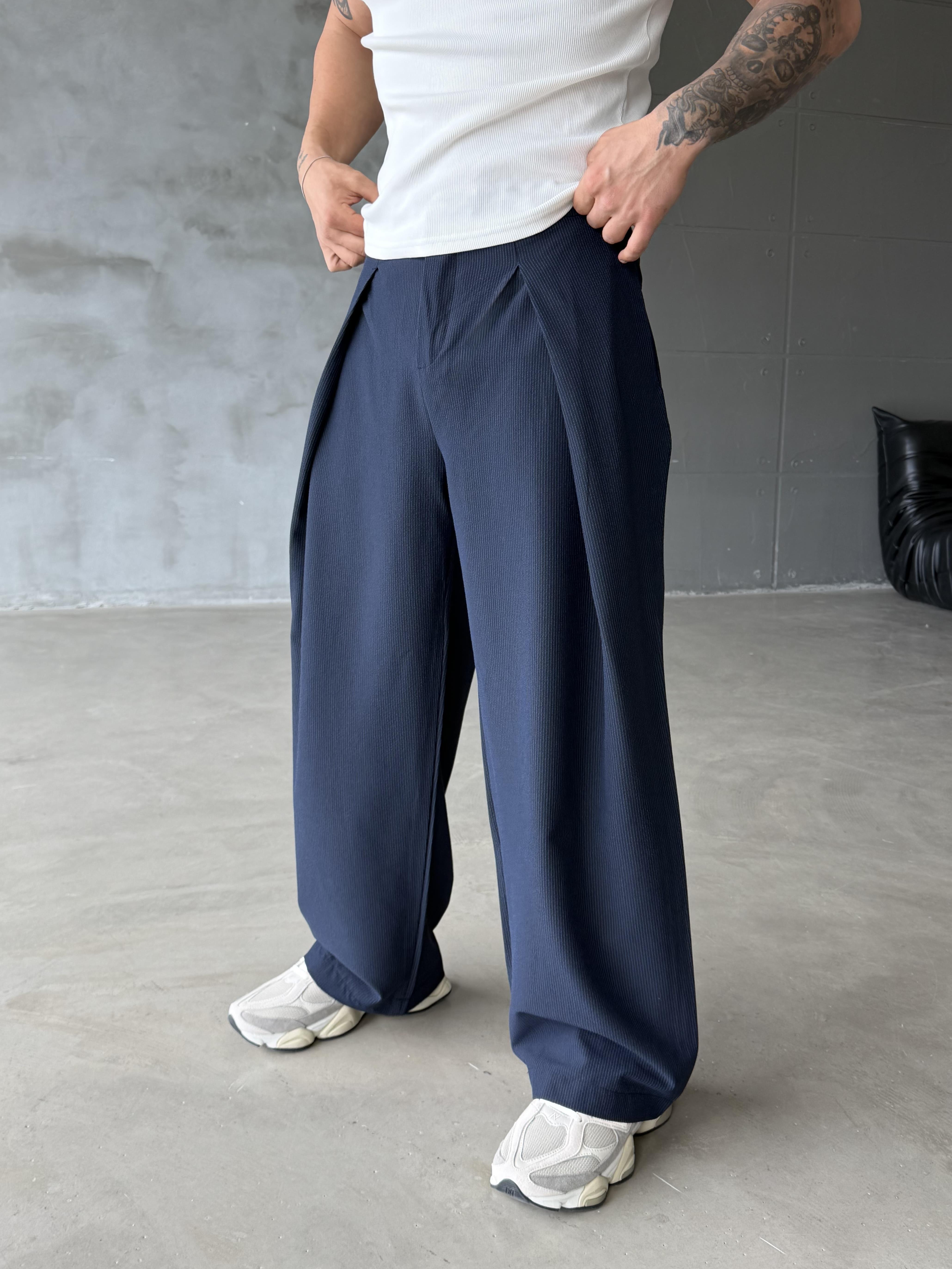 Lacivert Kore Kalıp Çizgili Kumaş Pantalon SNZ 1455