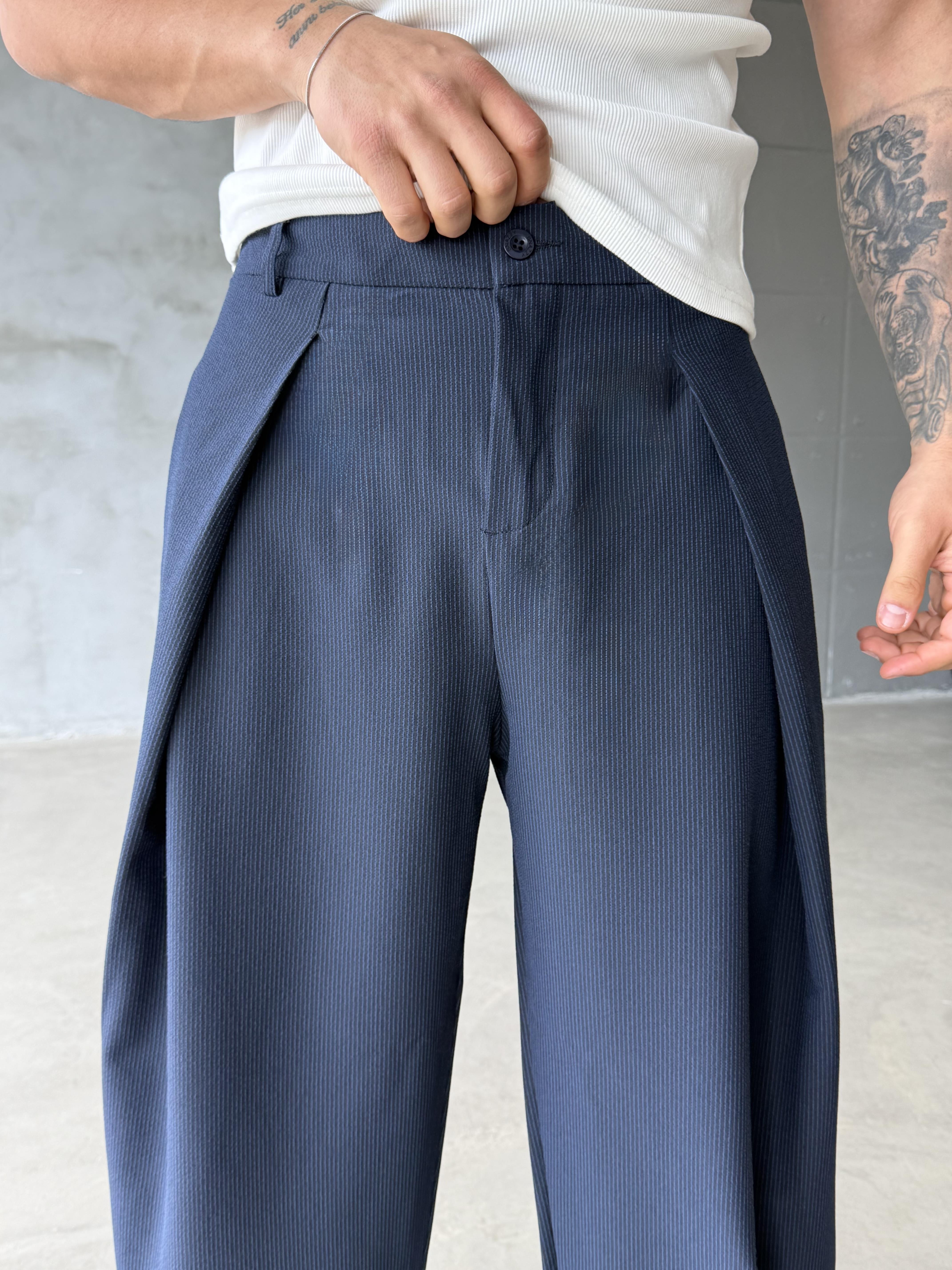 Lacivert Kore Kalıp Çizgili Kumaş Pantalon SNZ 1455