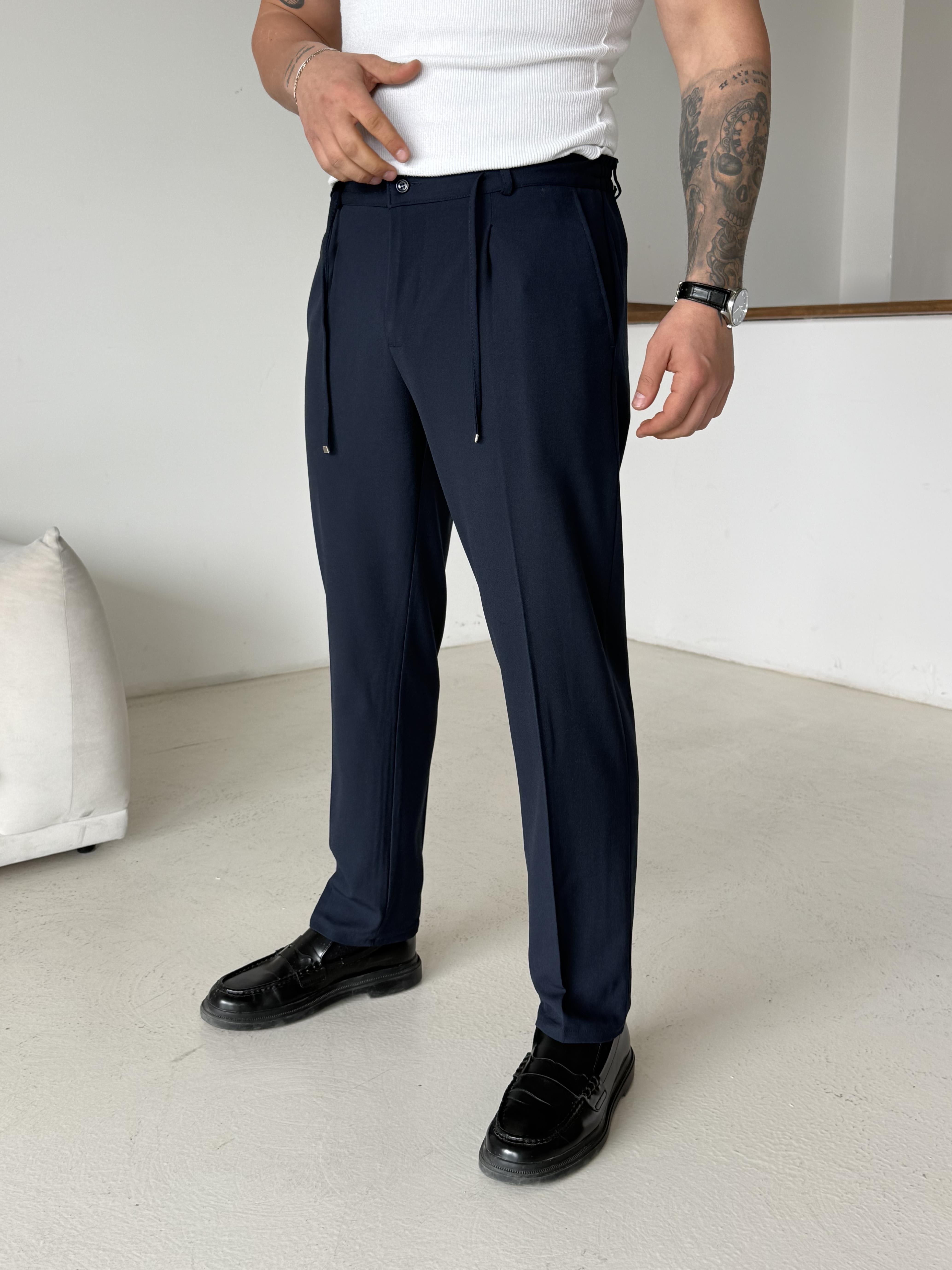 Lacivert Pileli Lastikli Bağcıklı Regular Kumaş Pantalon SC