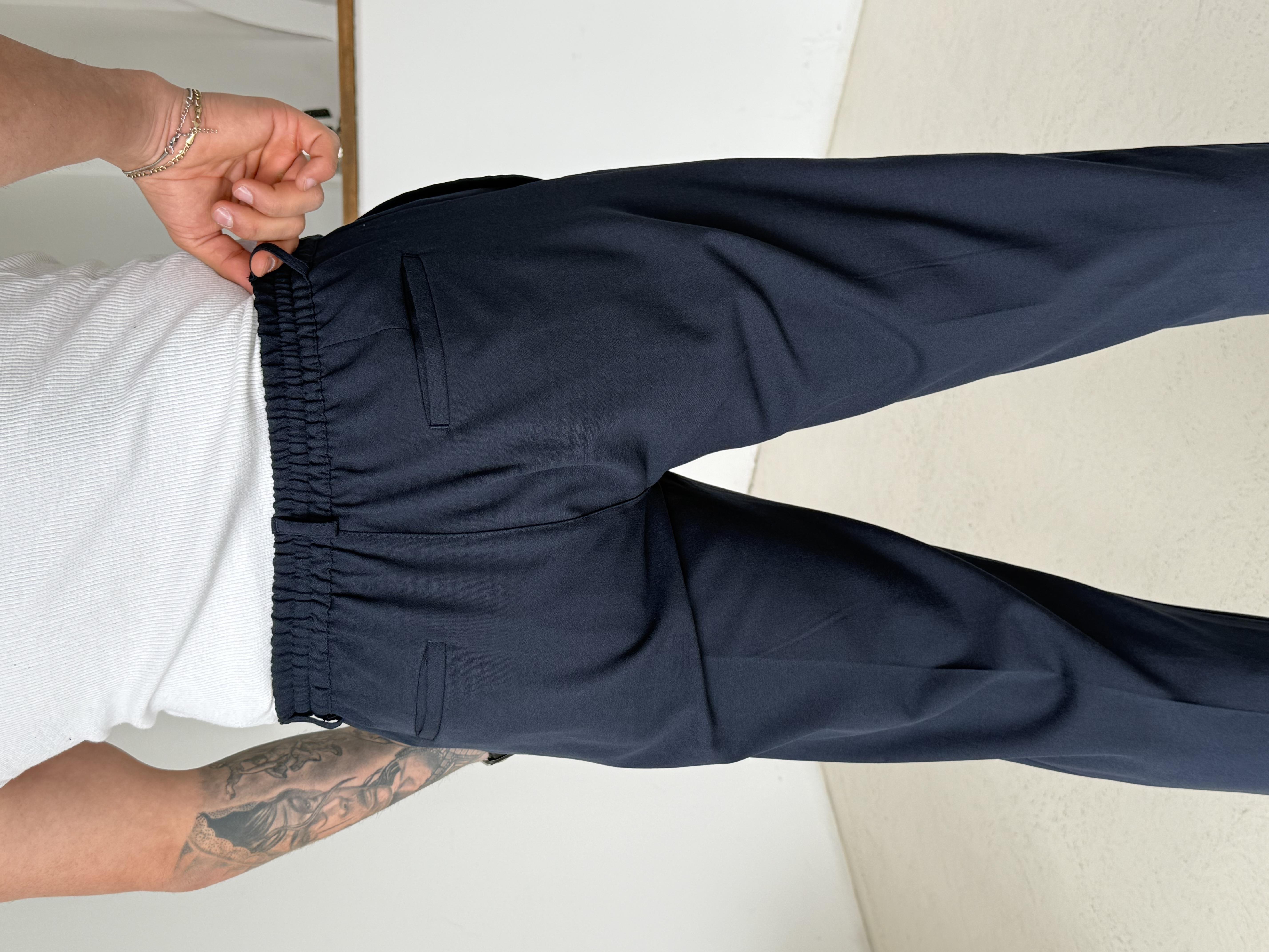 Lacivert Pileli Lastikli Bağcıklı Regular Kumaş Pantalon SC