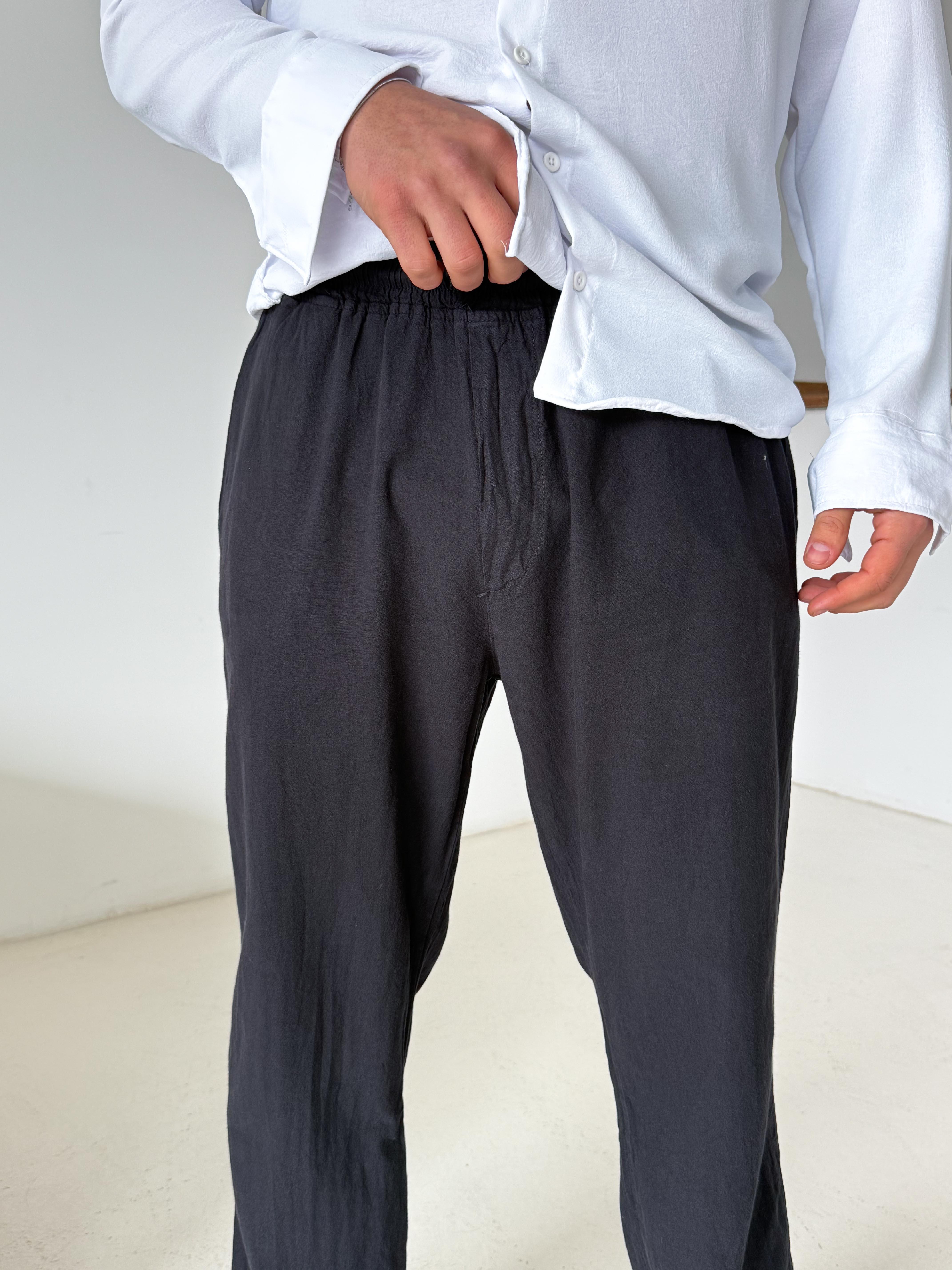 Siyah Bel Lastikli Keten Pantalon TK