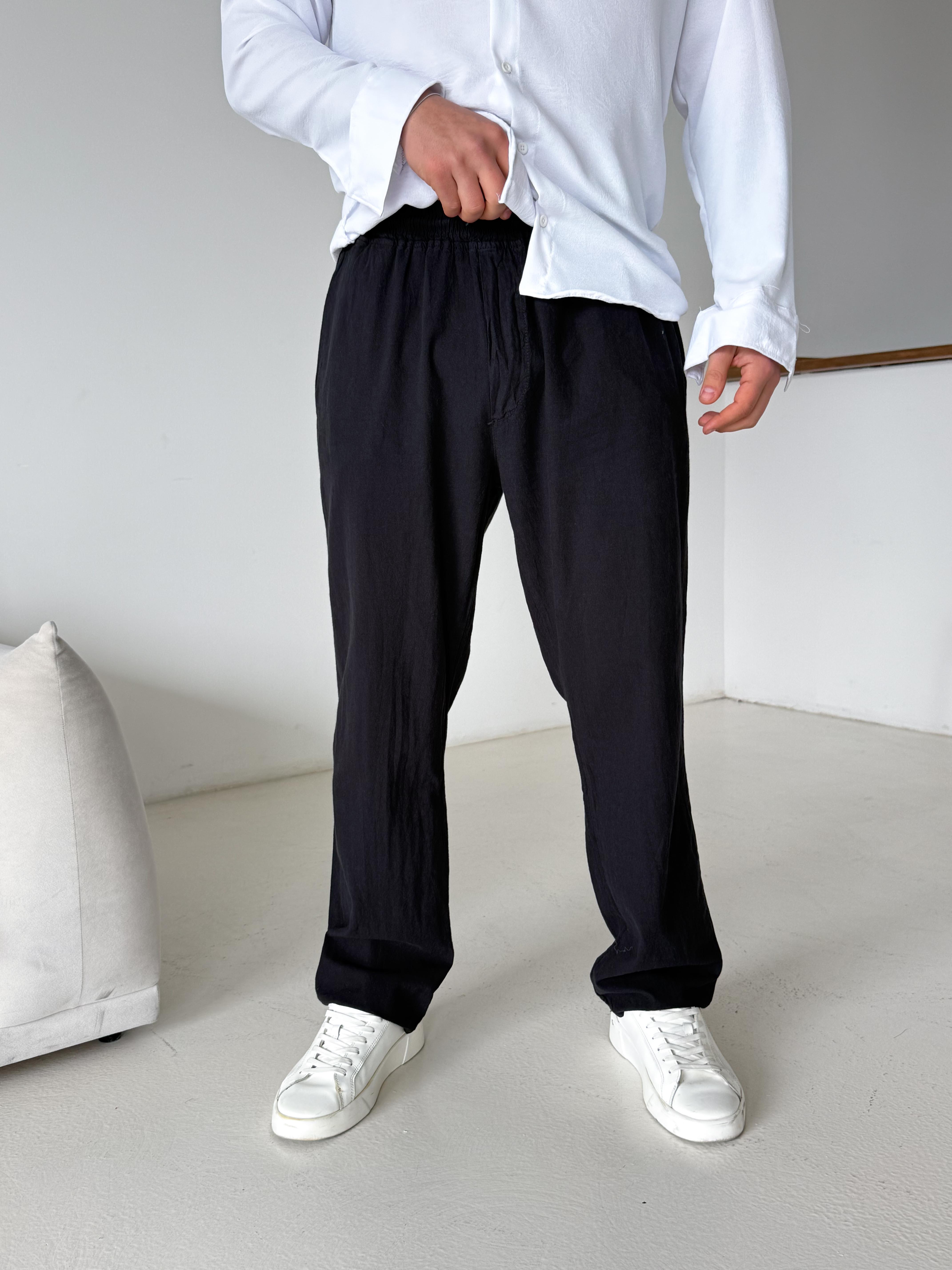 Siyah Bel Lastikli Keten Pantalon TK