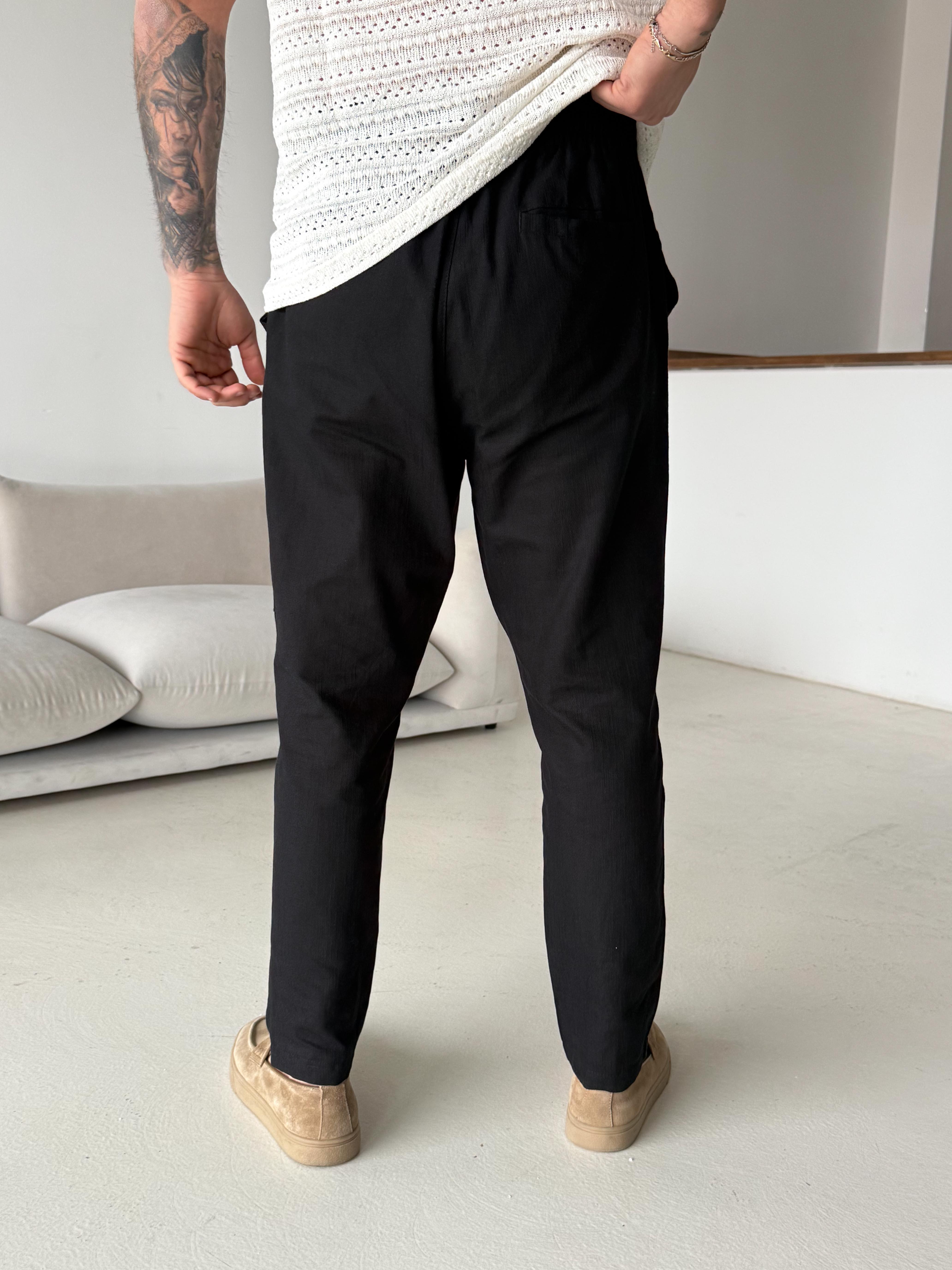 Siyah Çizgi Keten Bağcıklı Pantalon LNS 23124