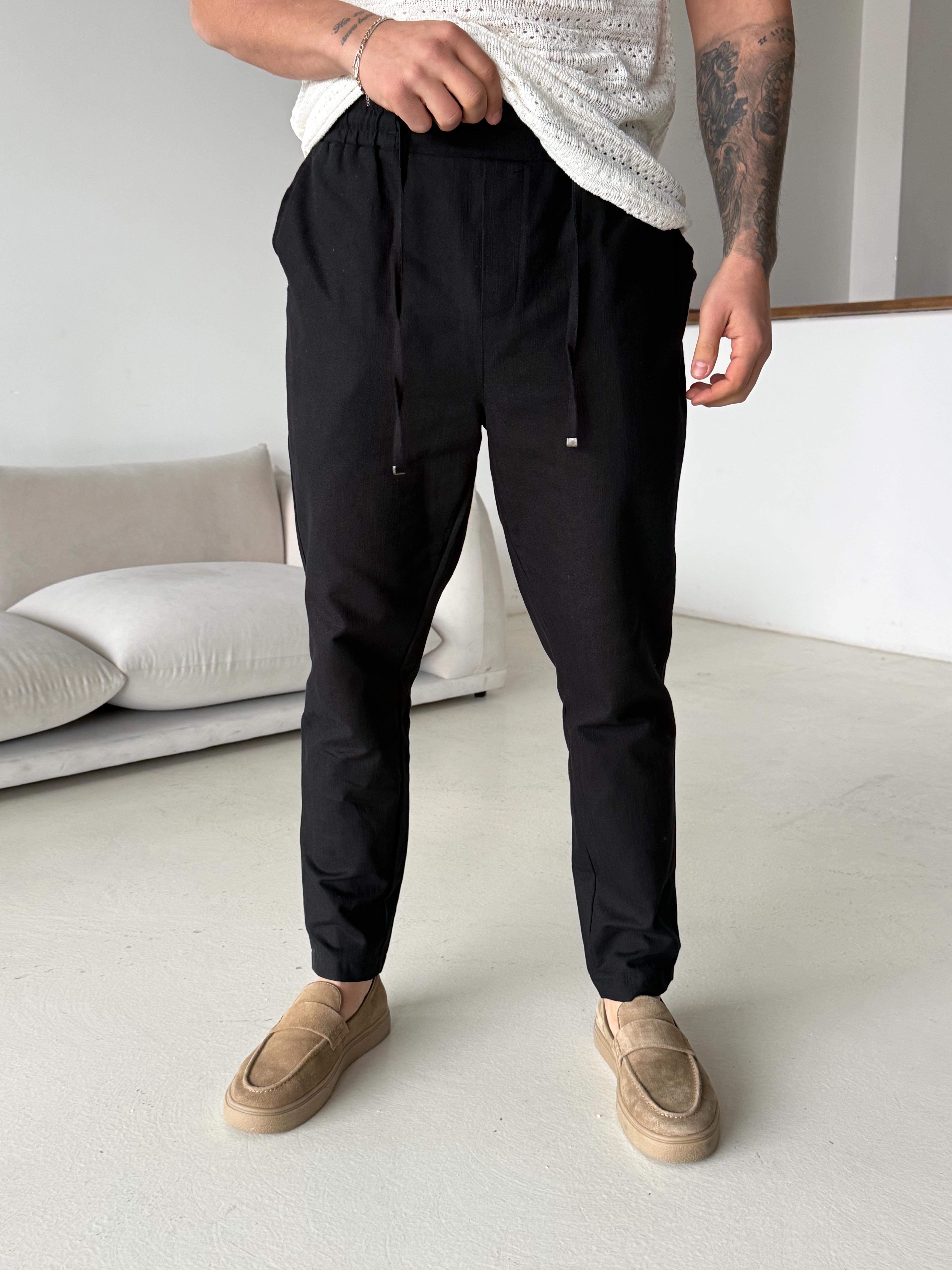 Siyah Çizgi Keten Bağcıklı Pantalon LNS 23124