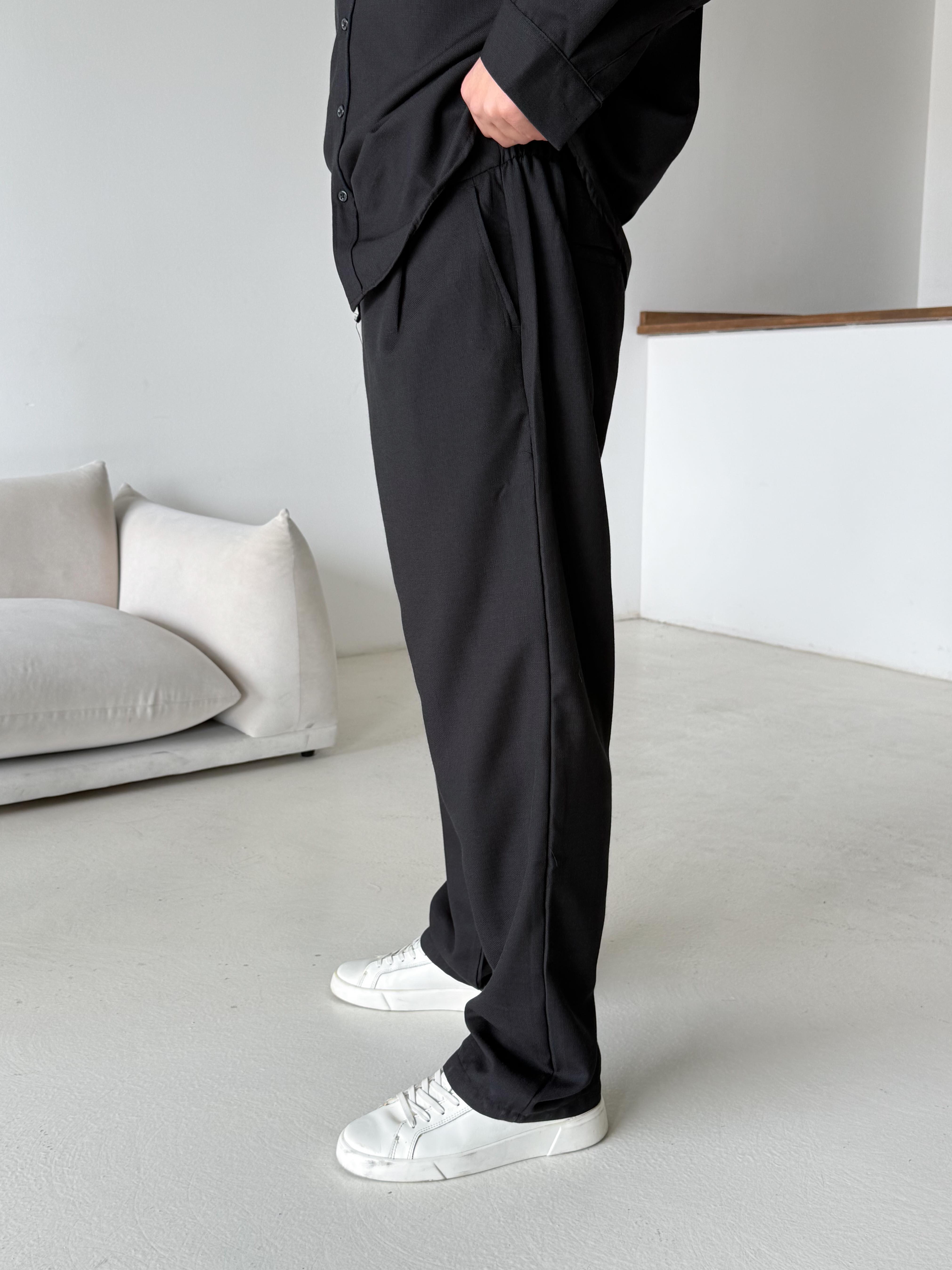 Siyah Dokuma Keten Baggy Pantalon PLZ