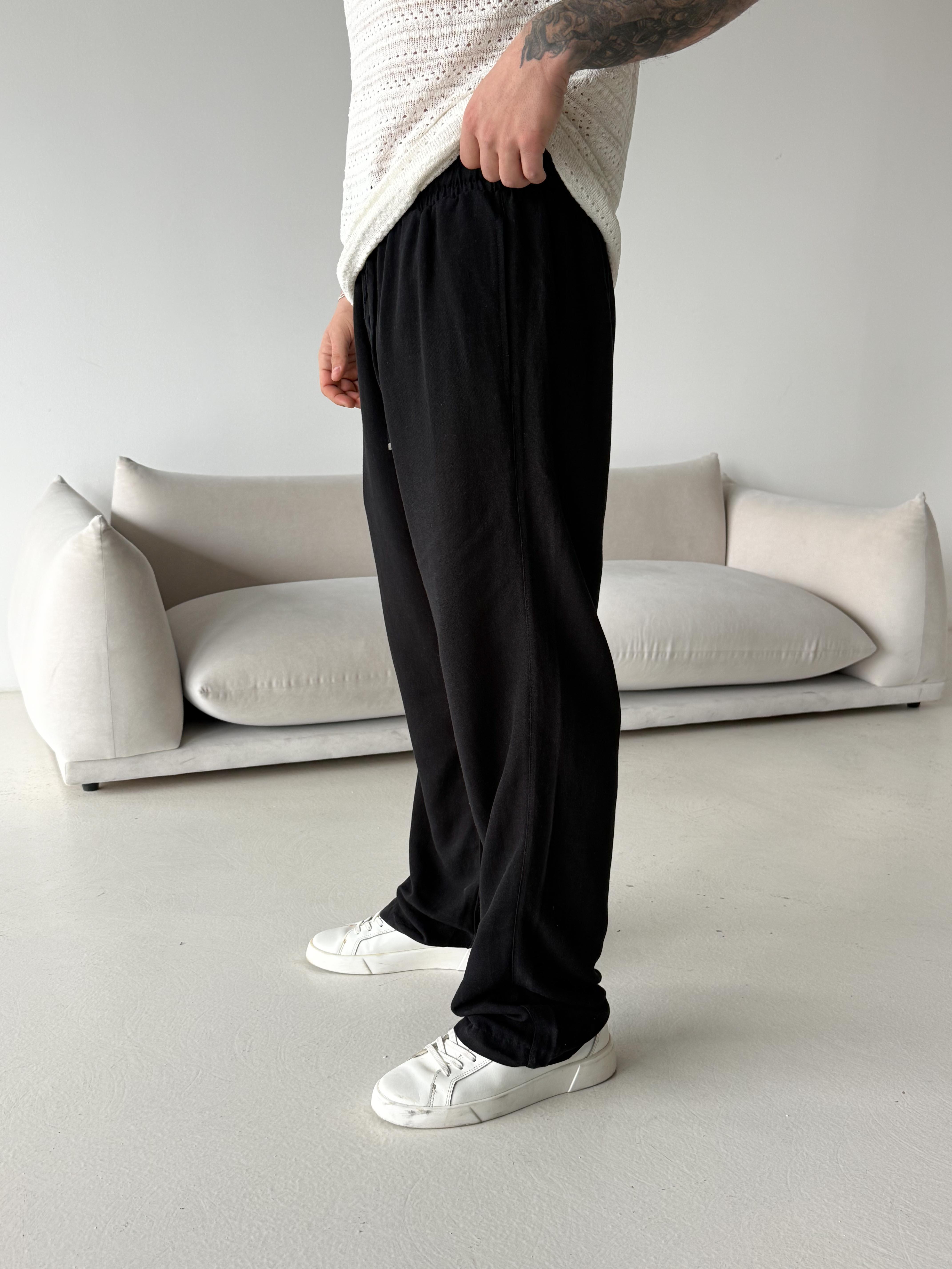 Siyah Ham Keten Bol Bağcıklı Pantalon LNS 23115