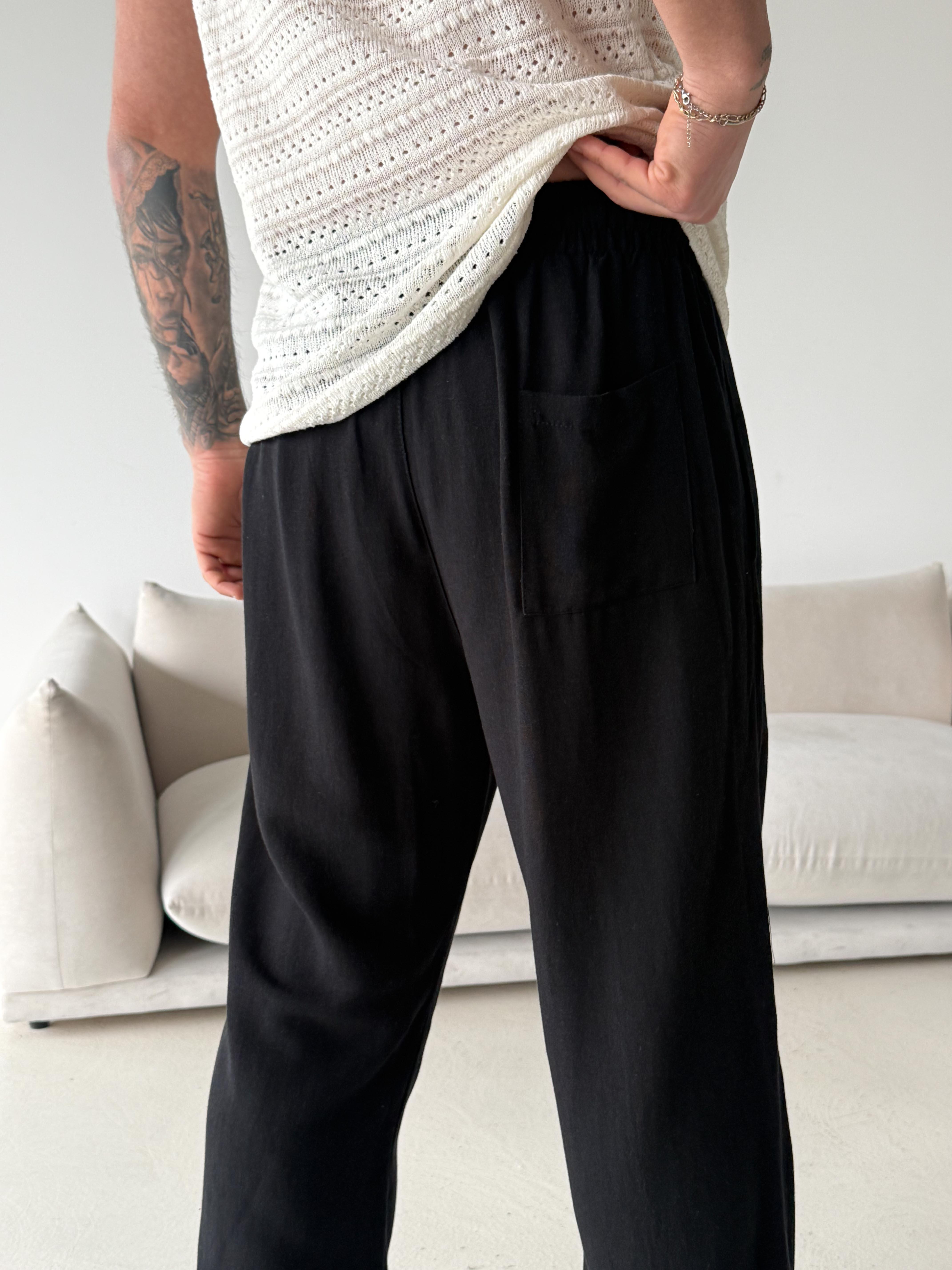 Siyah Ham Keten Bol Bağcıklı Pantalon LNS 23115