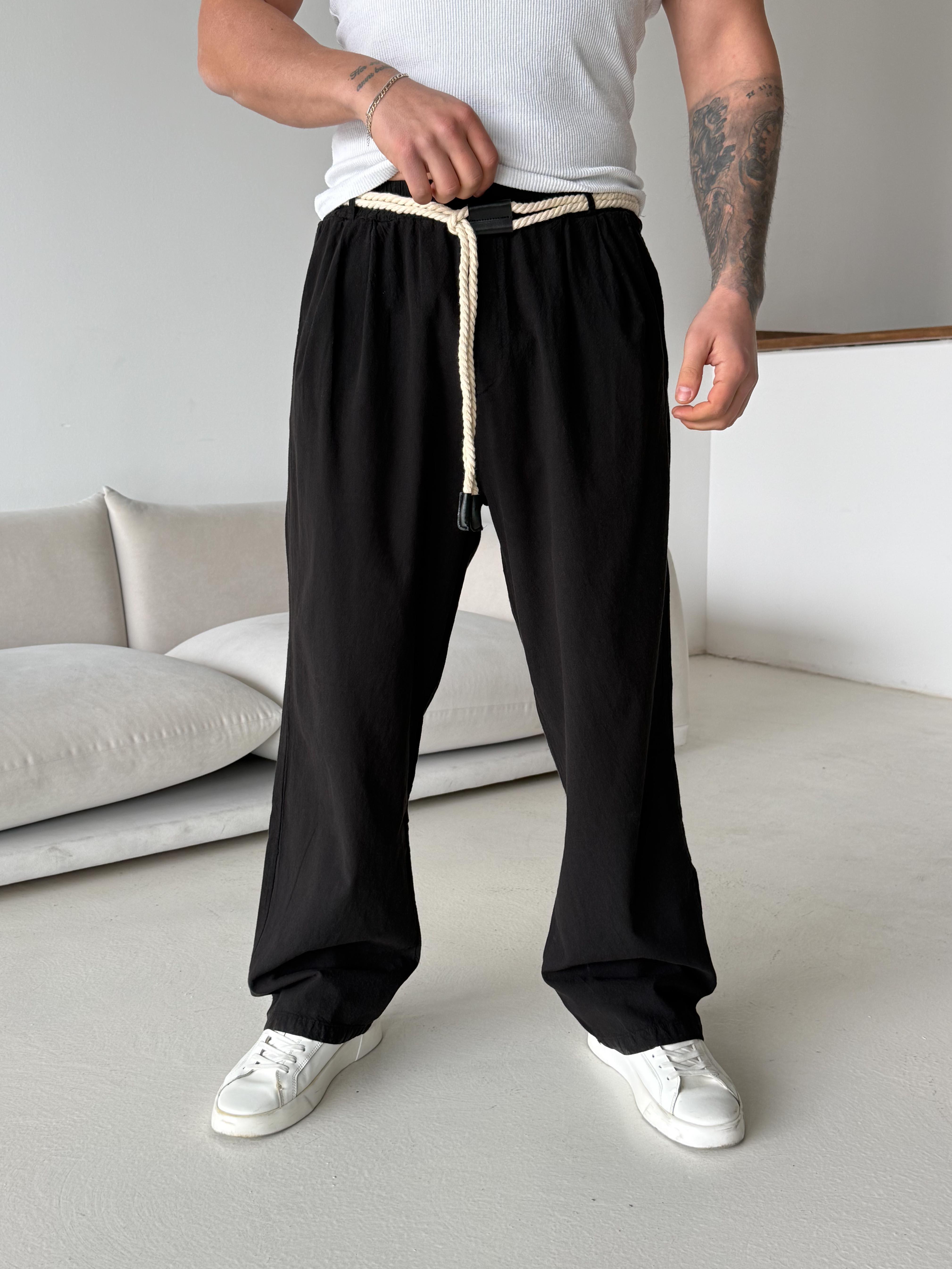 Siyah Hasır Kemer Bol Keten Pantalon VMS V40-640