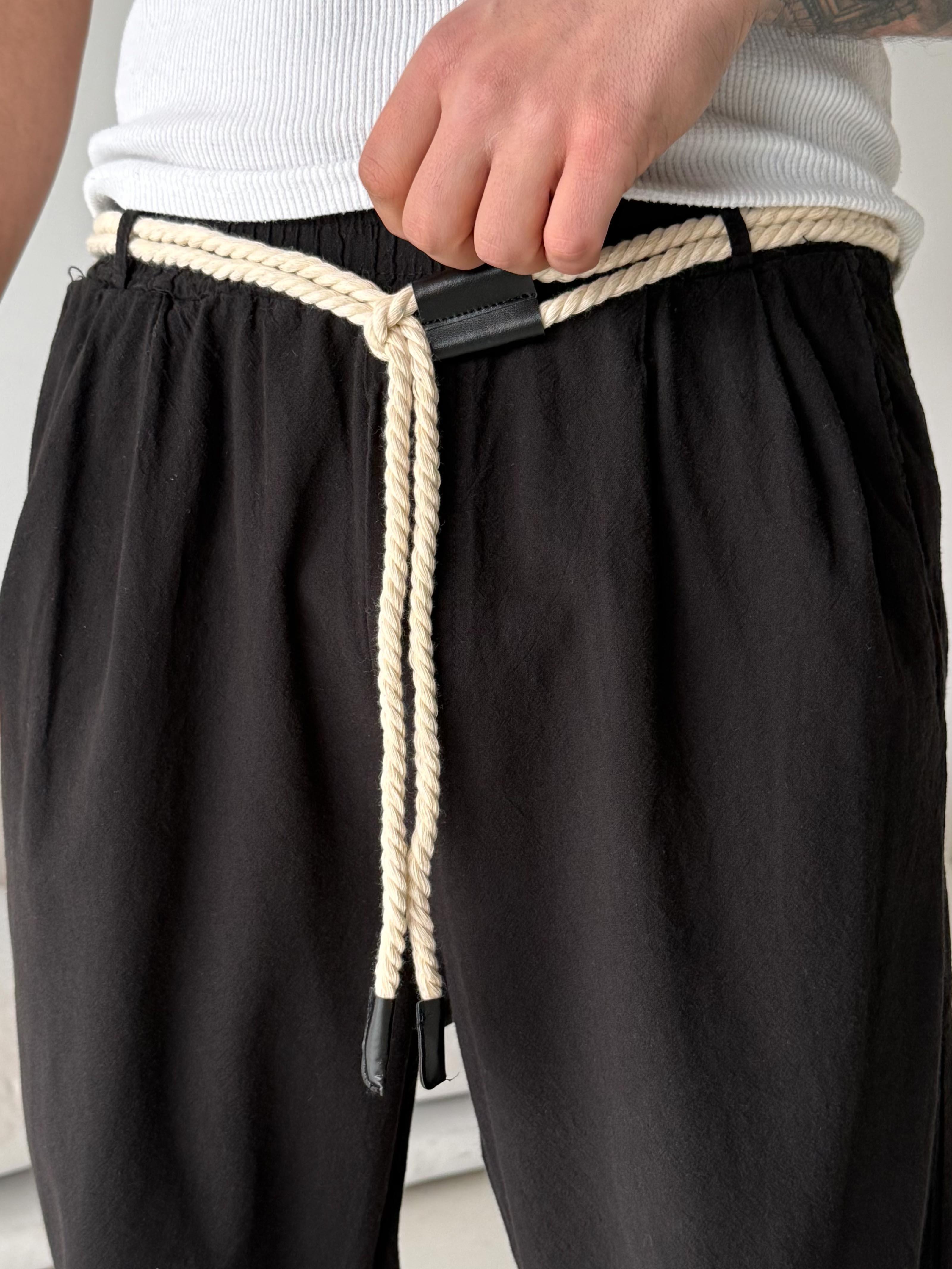 Siyah Hasır Kemer Bol Keten Pantalon VMS V40-640
