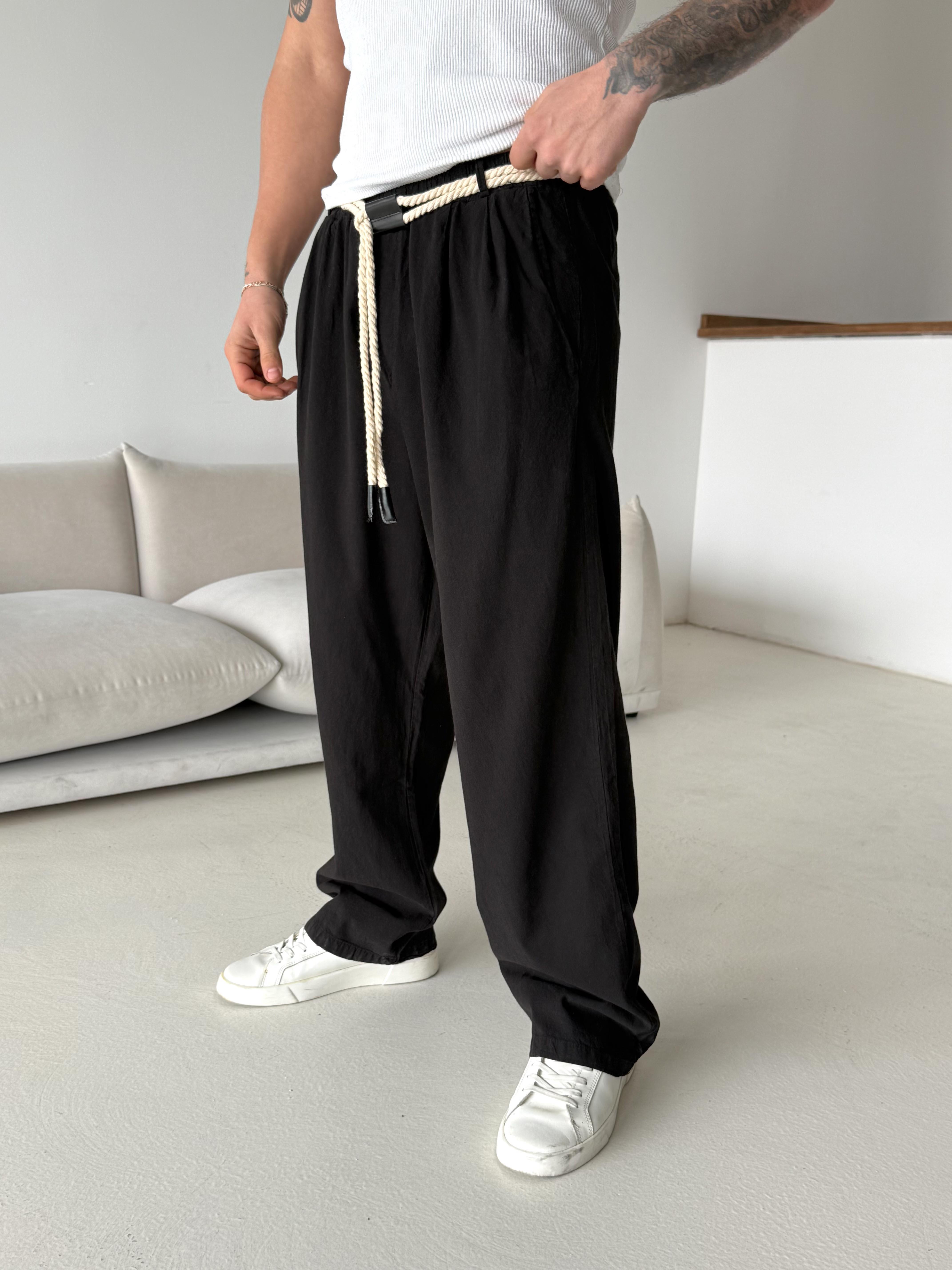 Siyah Hasır Kemer Bol Keten Pantalon VMS V40-640