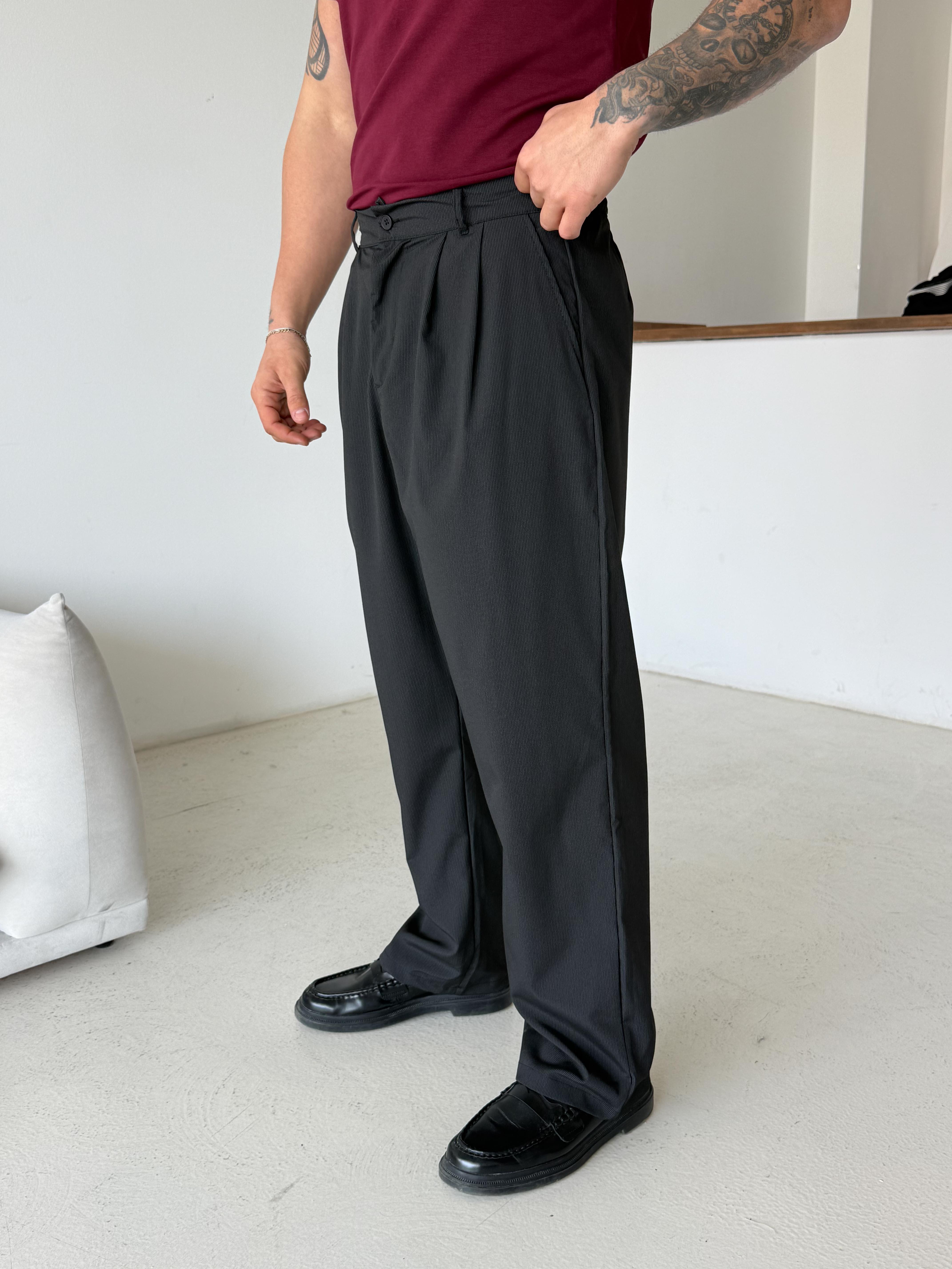 Siyah Zarif Çizgili Bol Zara Kumaş Pantalon BRR 40216