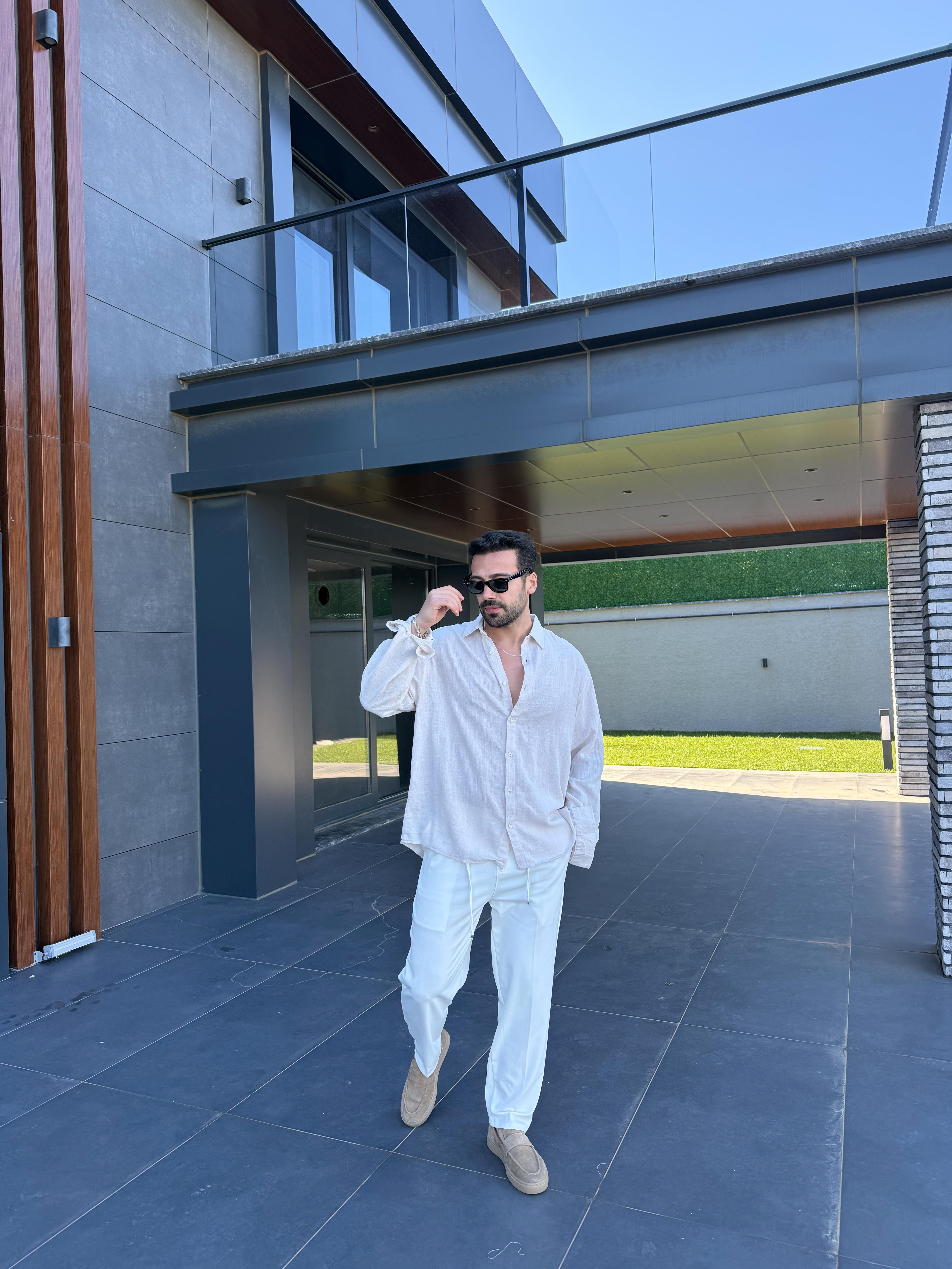 Bej Etamin Keten Oversize Gömlek PNC 2548