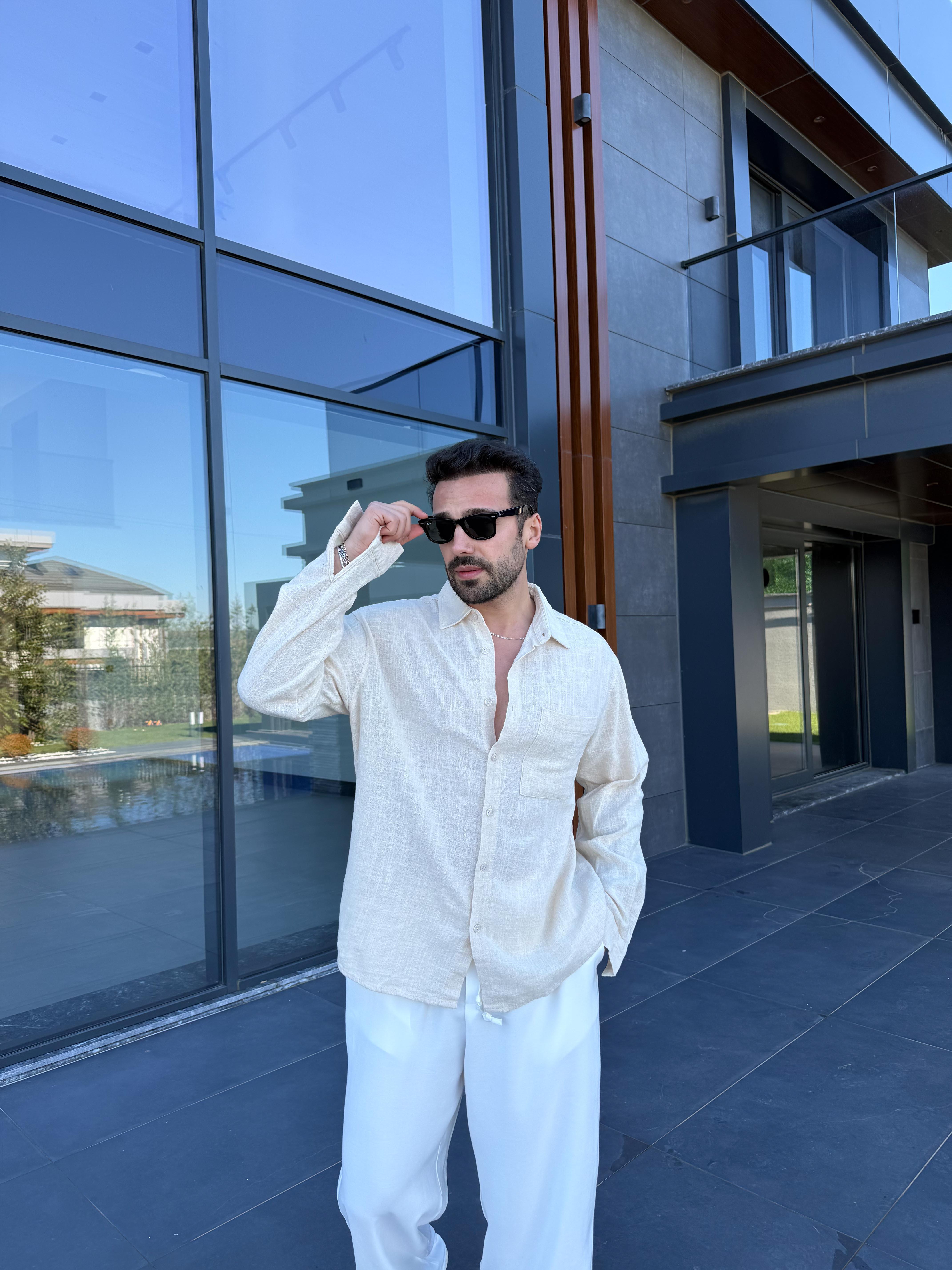 Bej Göğüs Cepli Ham Keten Oversize Gömlek PNC 2550