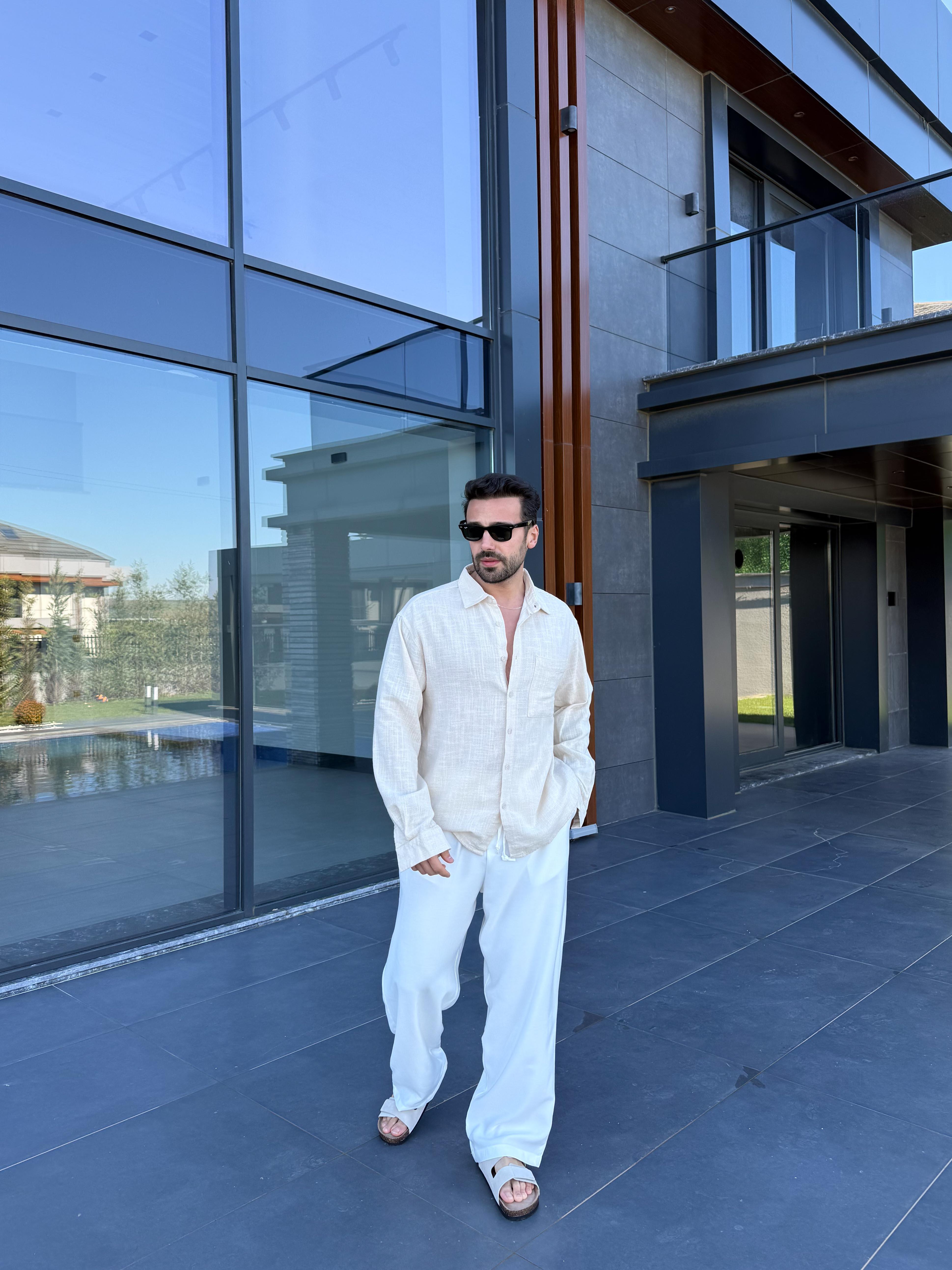 Bej Göğüs Cepli Ham Keten Oversize Gömlek PNC 2550