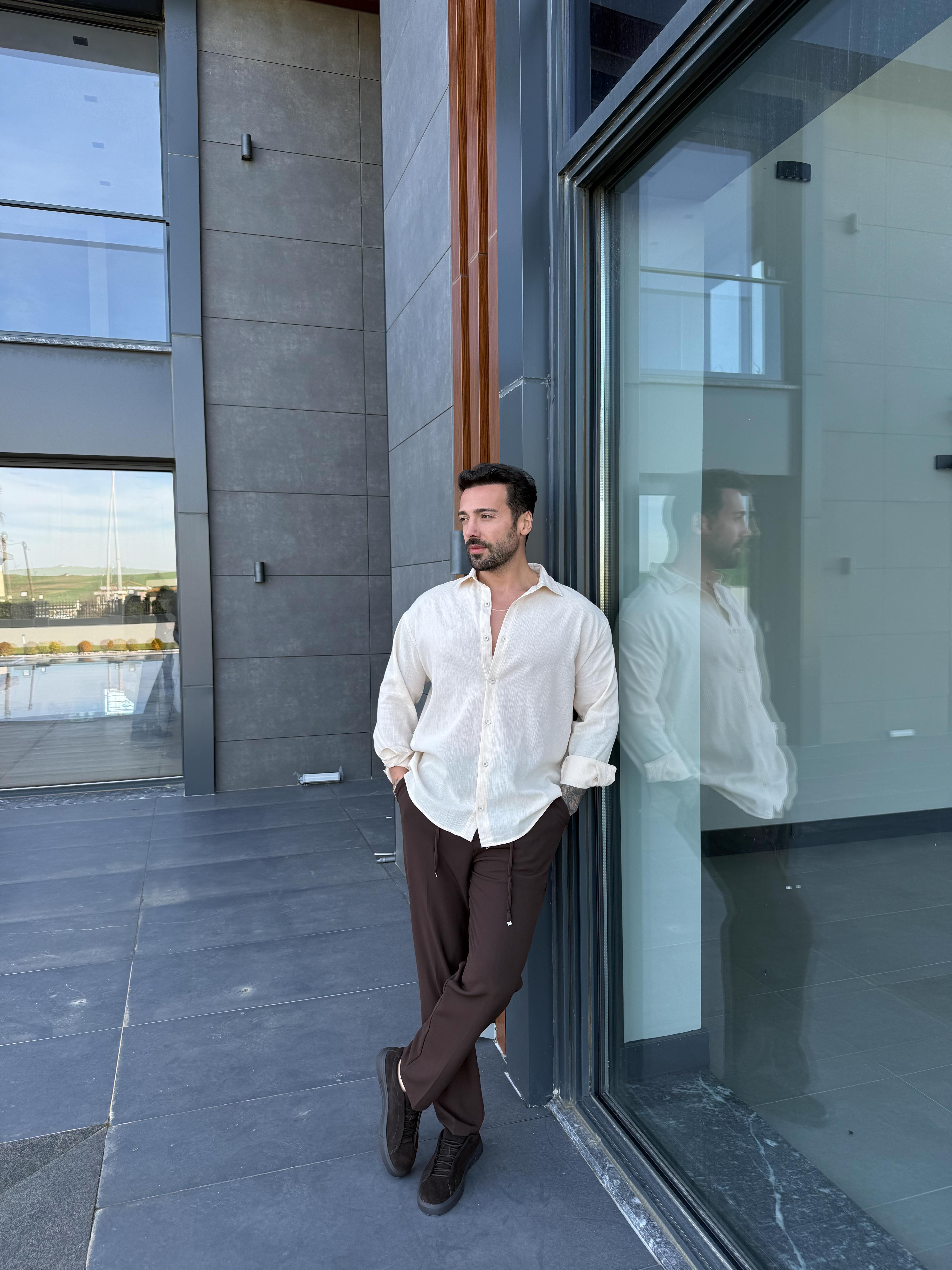 Bej Krinkıl Pamuk Oversize Gömlek SNZ 1003