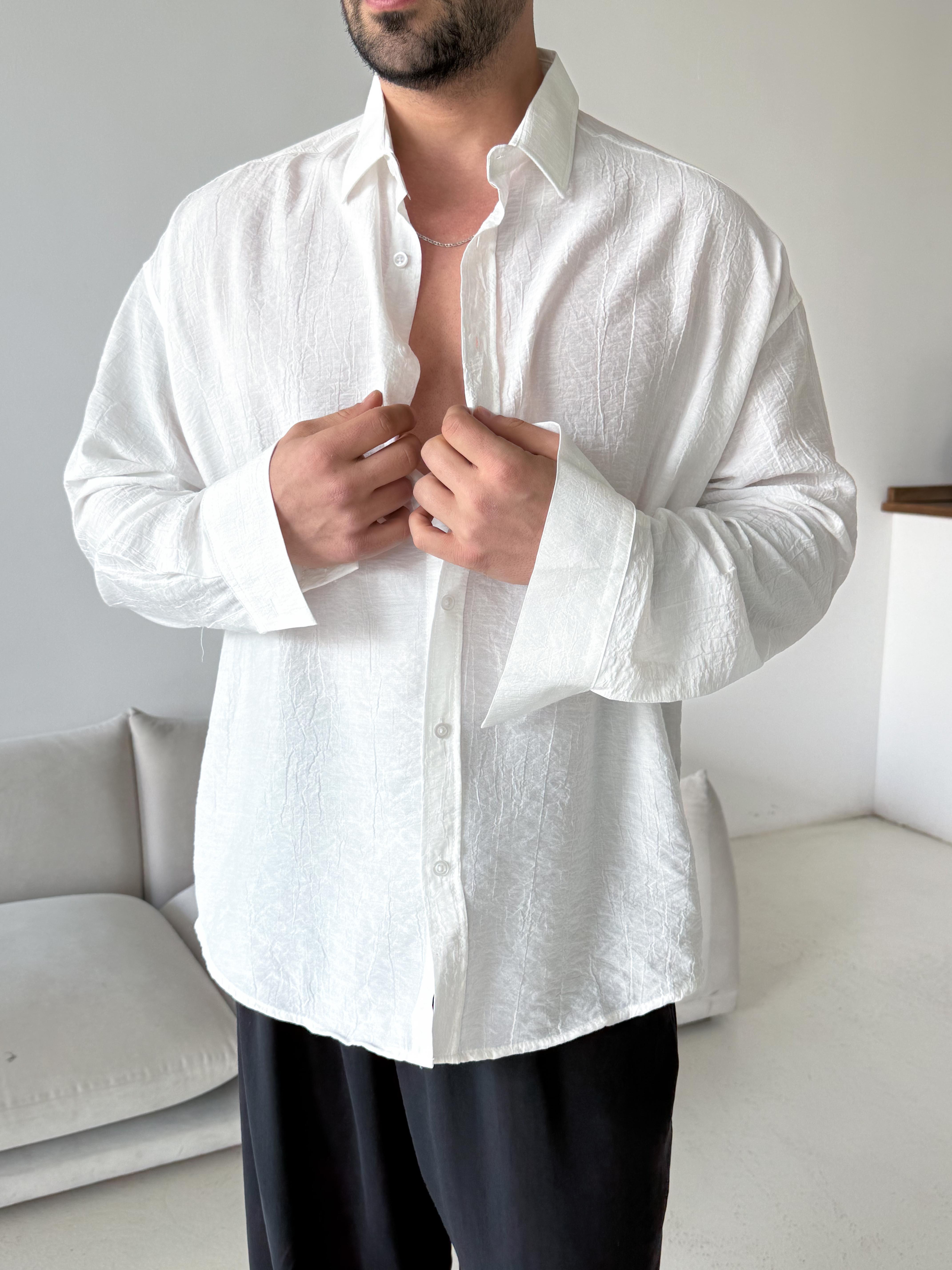 Beyaz Düz Krinkıl Detaylı Oversize Gömlek PLZ 26309