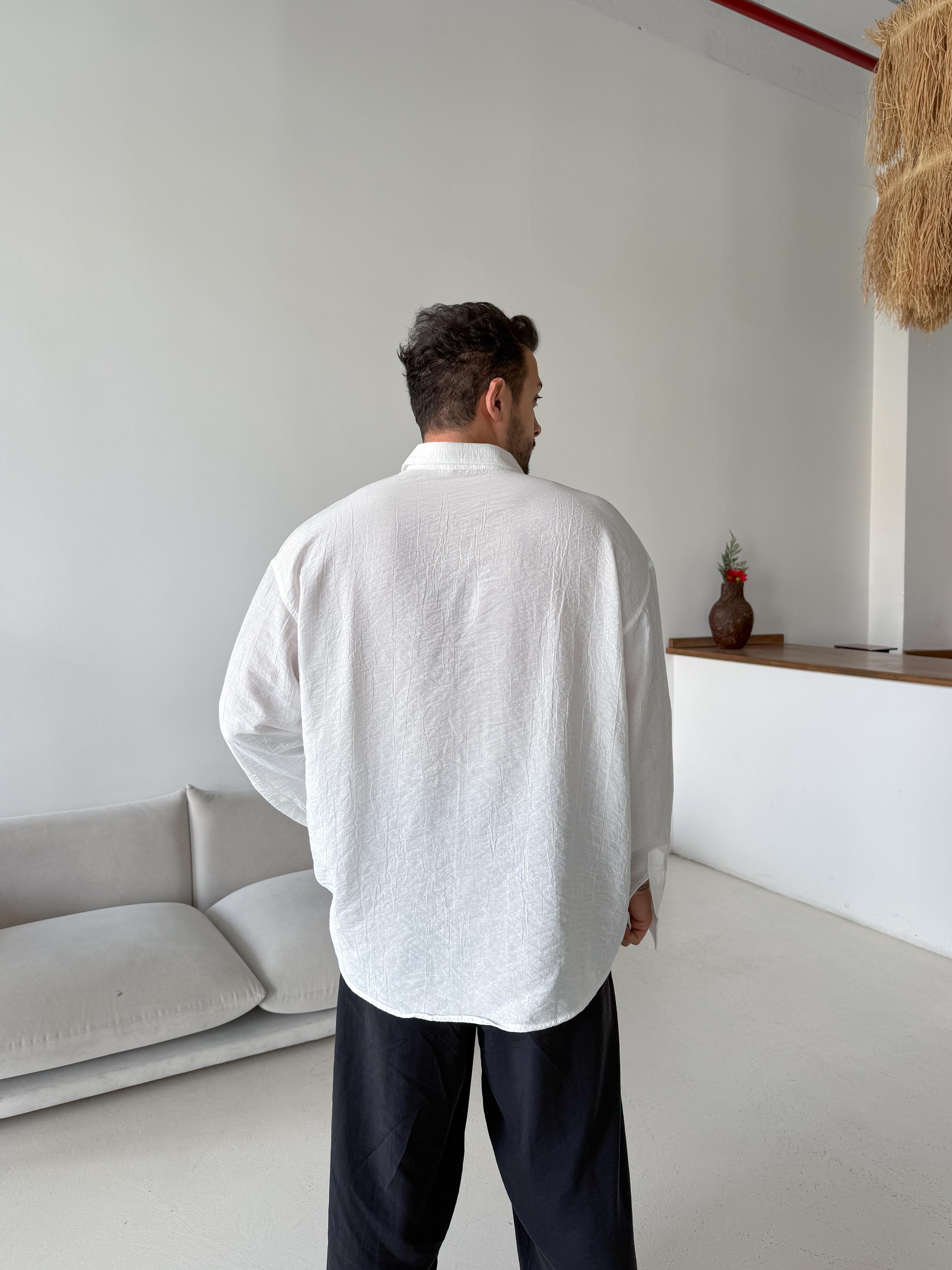 Beyaz Düz Krinkıl Detaylı Oversize Gömlek PLZ 26309