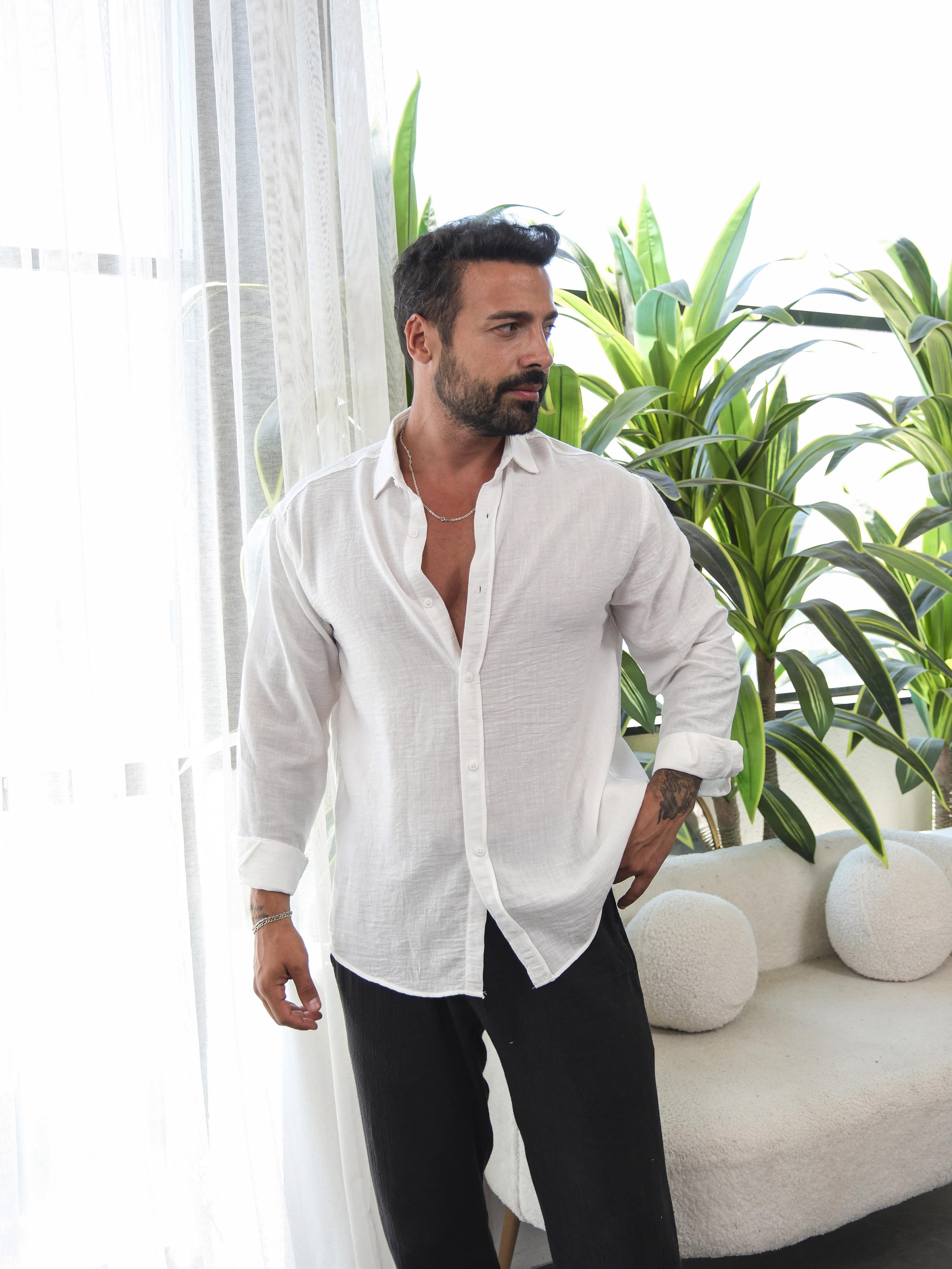 Beyaz Düz Oversize Keten Gömlek VS4050
