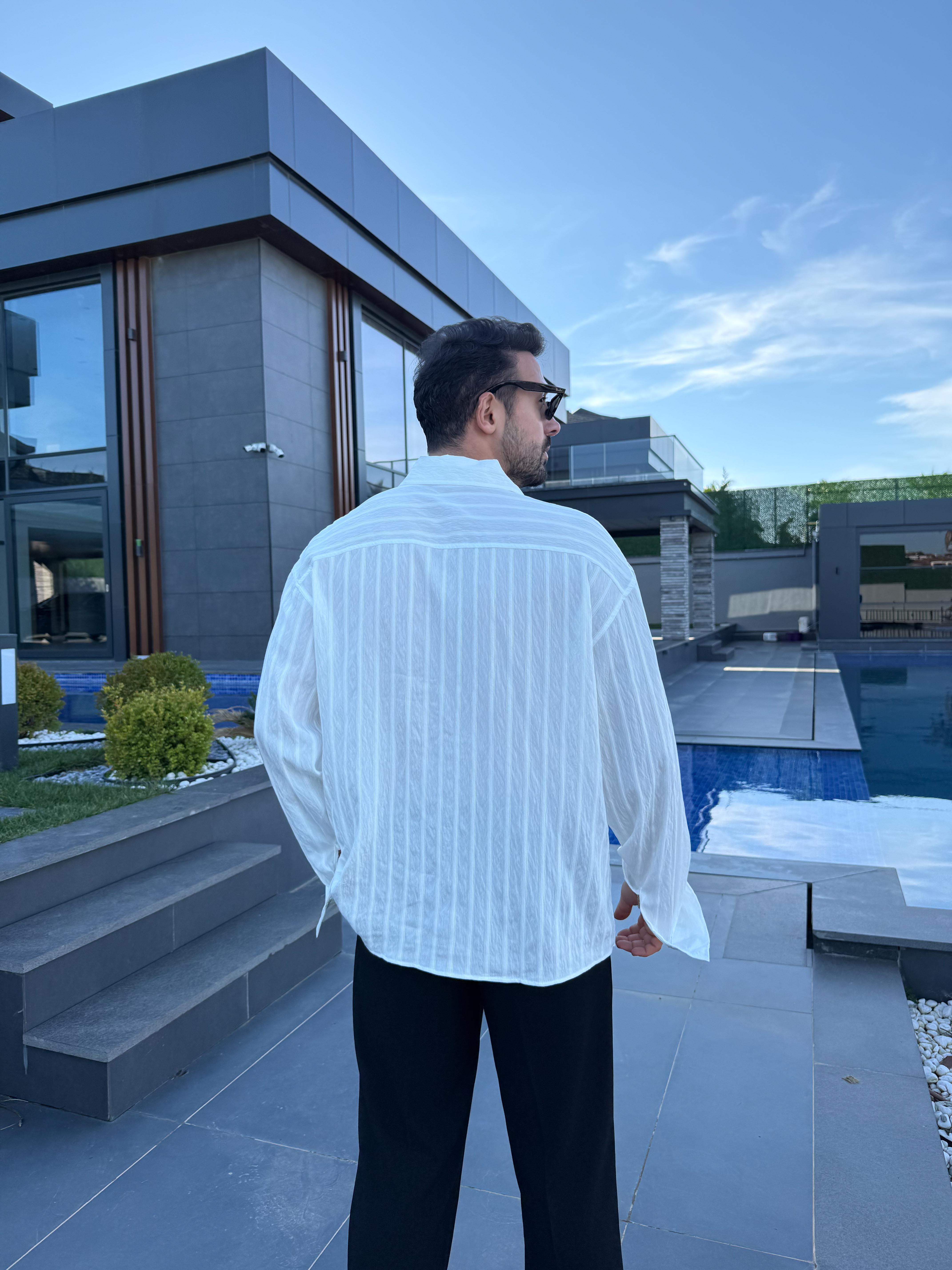 Beyaz Roba Detaylı Çizgili Uzun Kol Gömlek PNC 2535