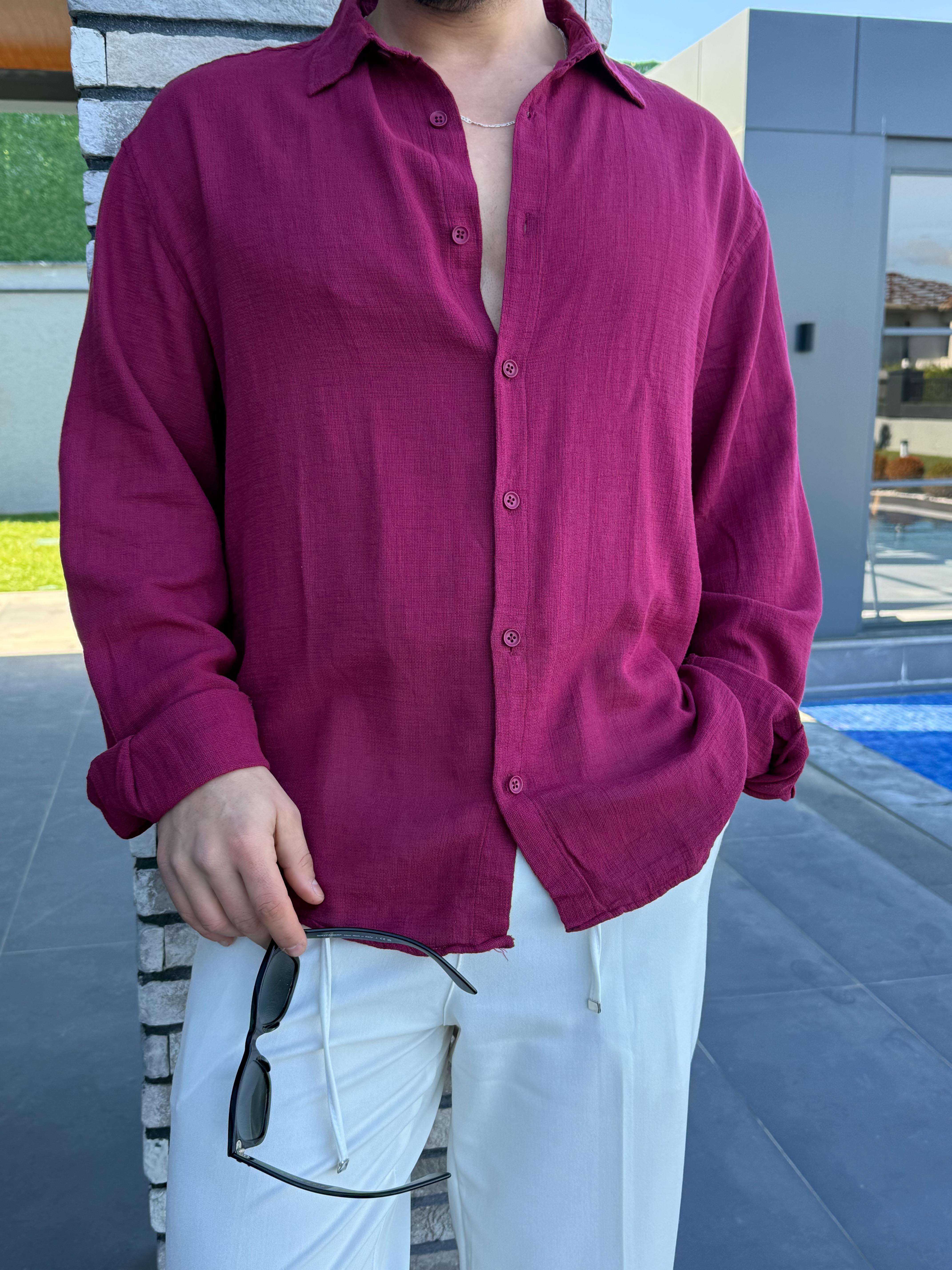Bordo Etamin Keten Oversize Gömlek PNC 2548