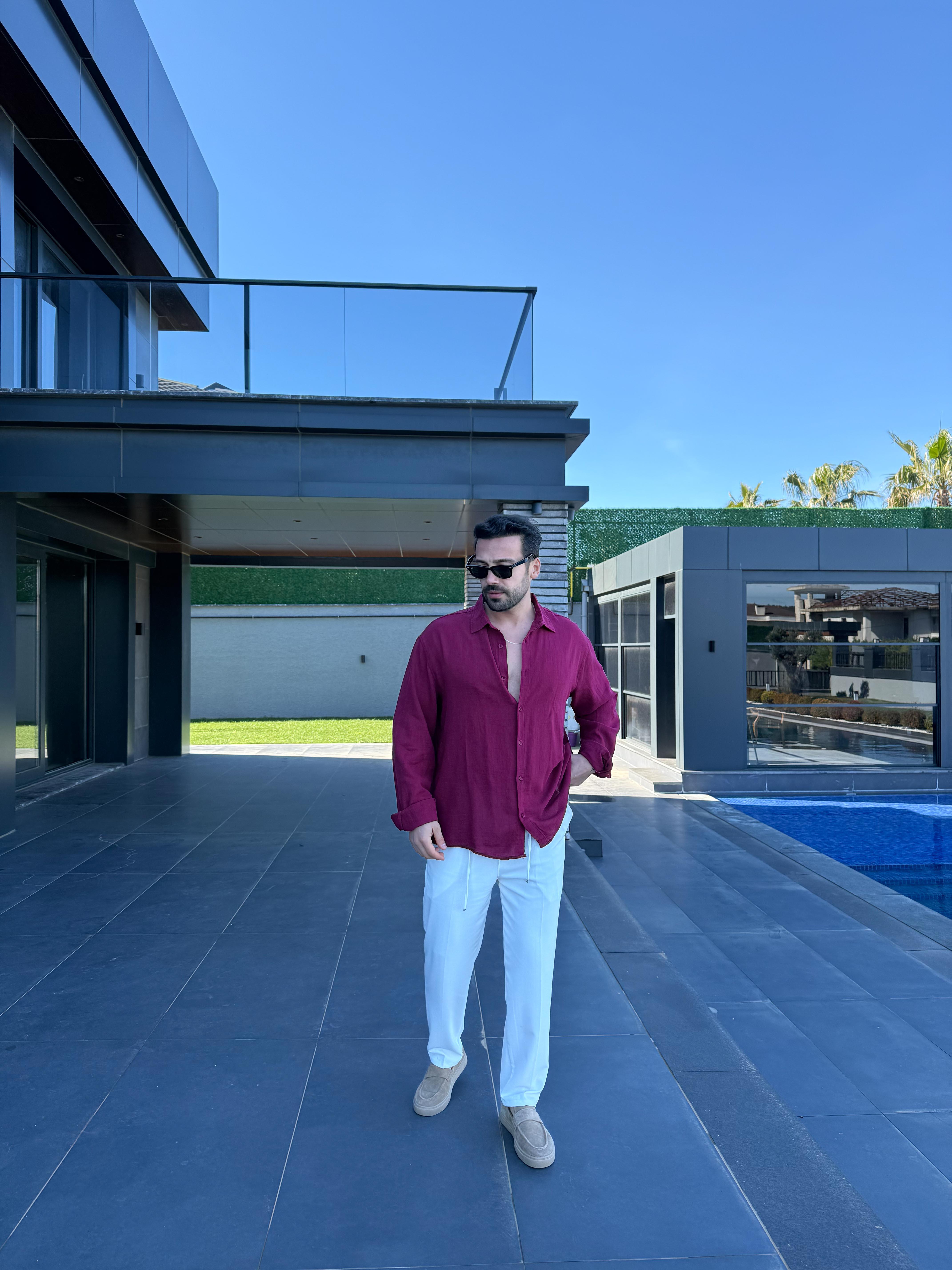 Bordo Etamin Keten Oversize Gömlek PNC 2548