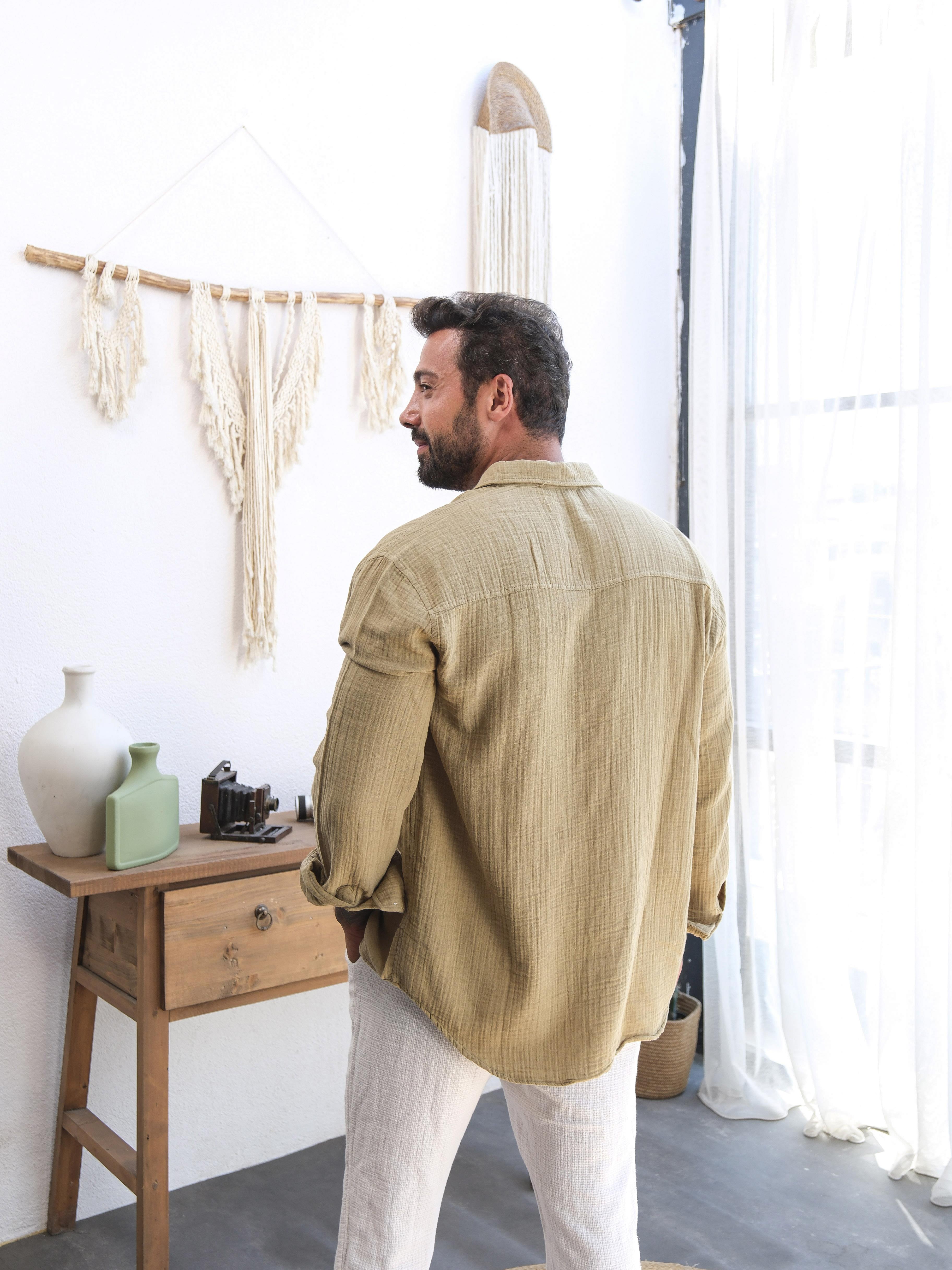 Haki Düz Oversize Keten Gömlek VS4050