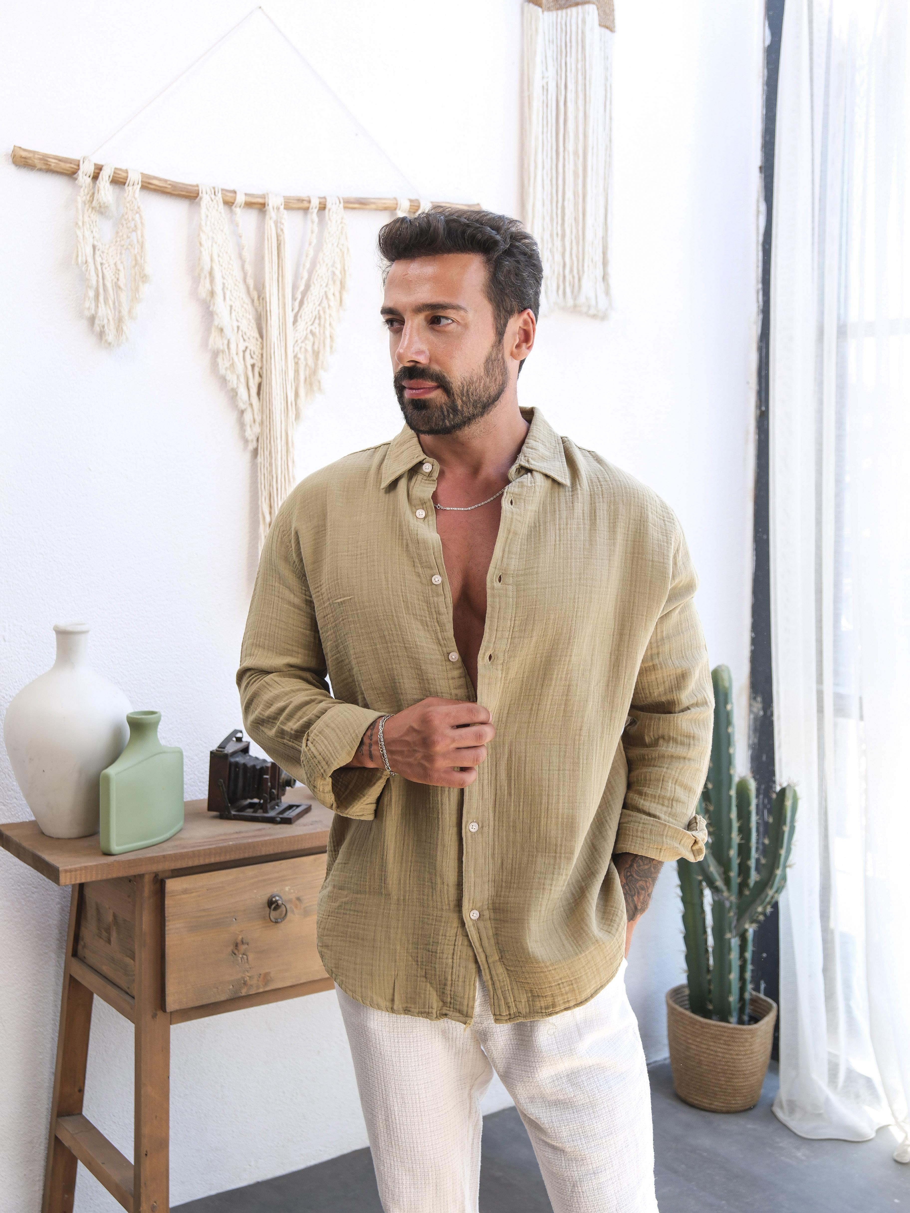Haki Düz Oversize Keten Gömlek VS4050
