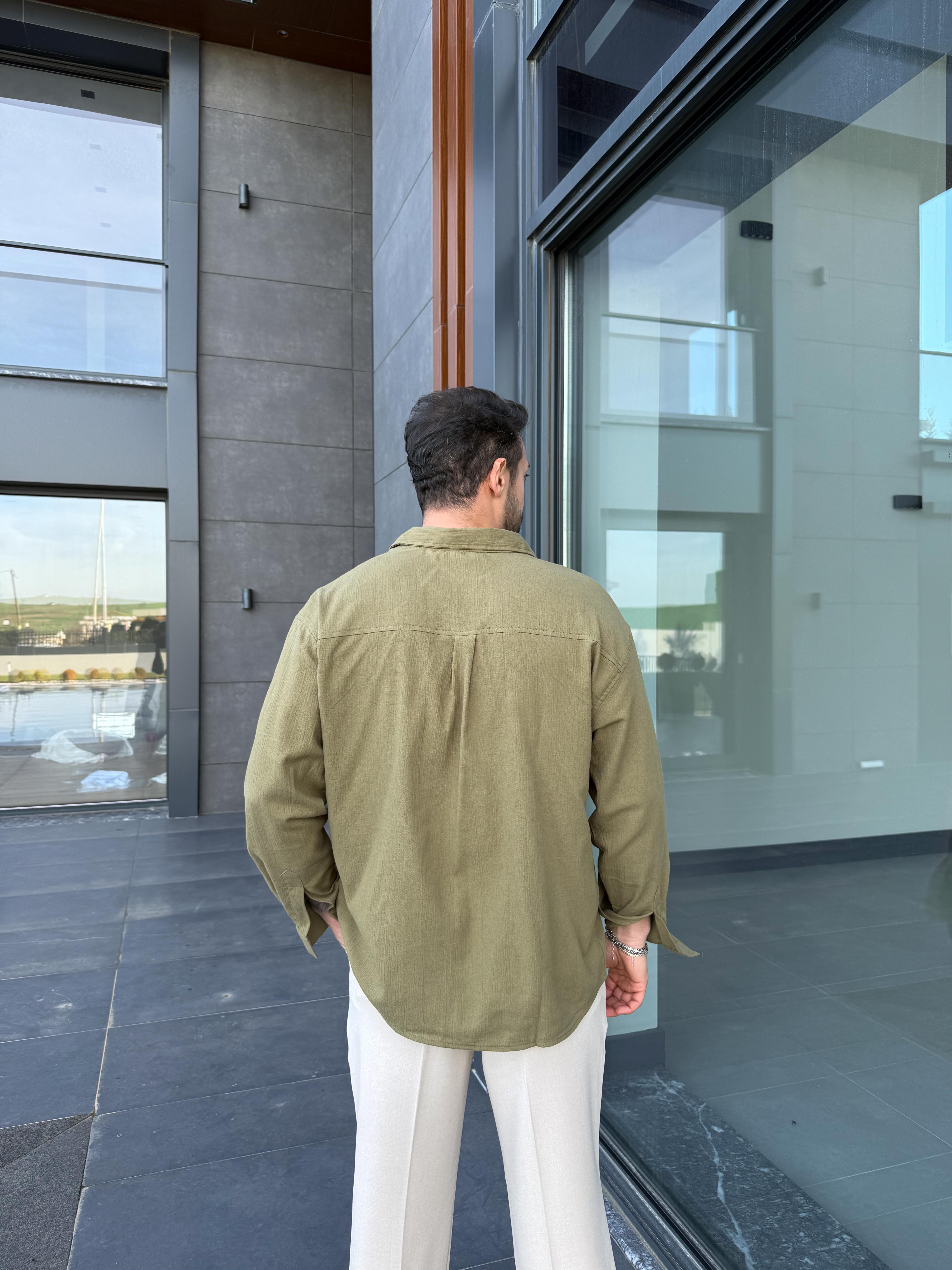 Haki Krinkıl Pamuk Oversize Gömlek SNZ 1003