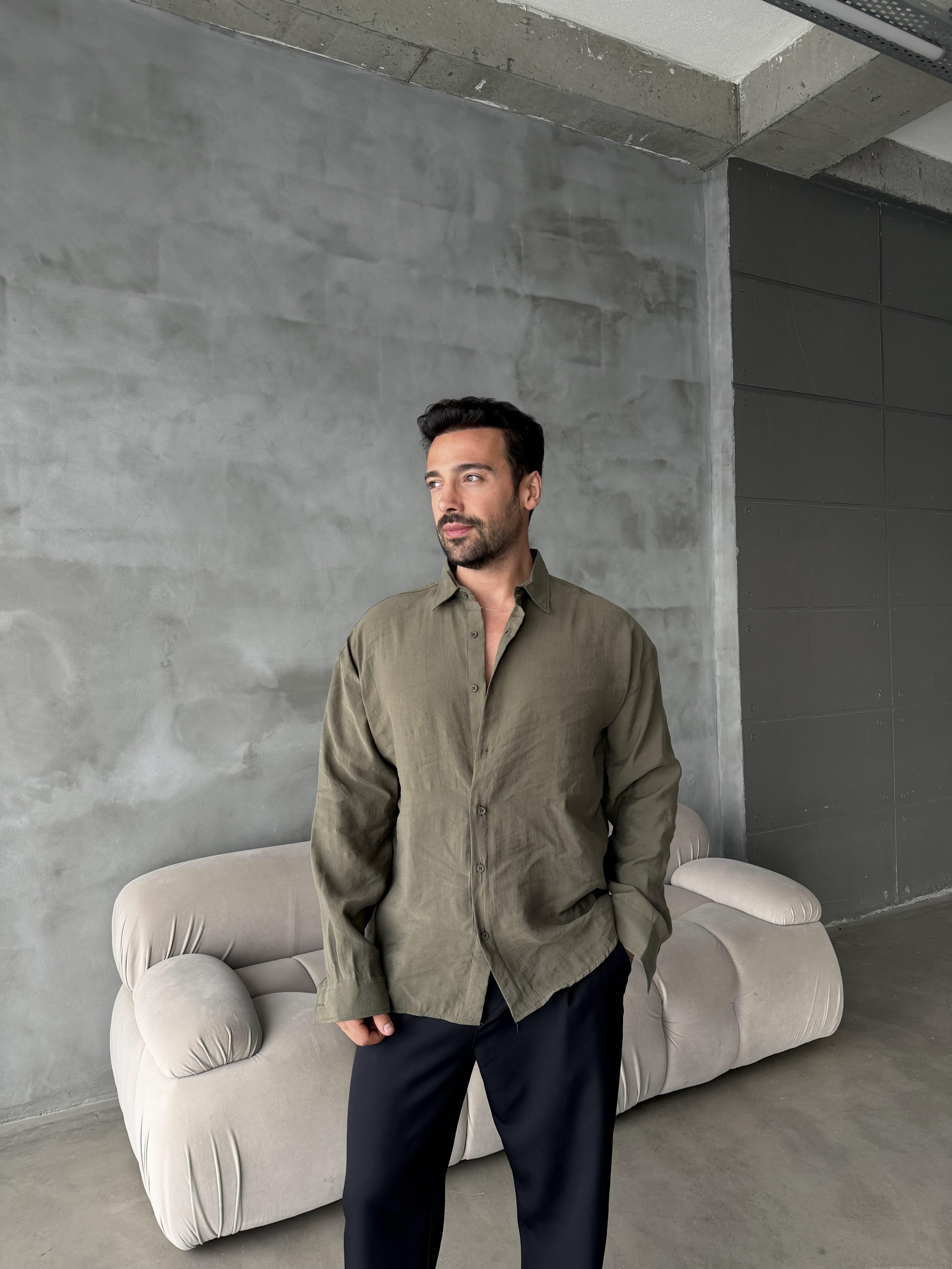 Haki Modal Kumaş Uzun Kol Gömlek MSS