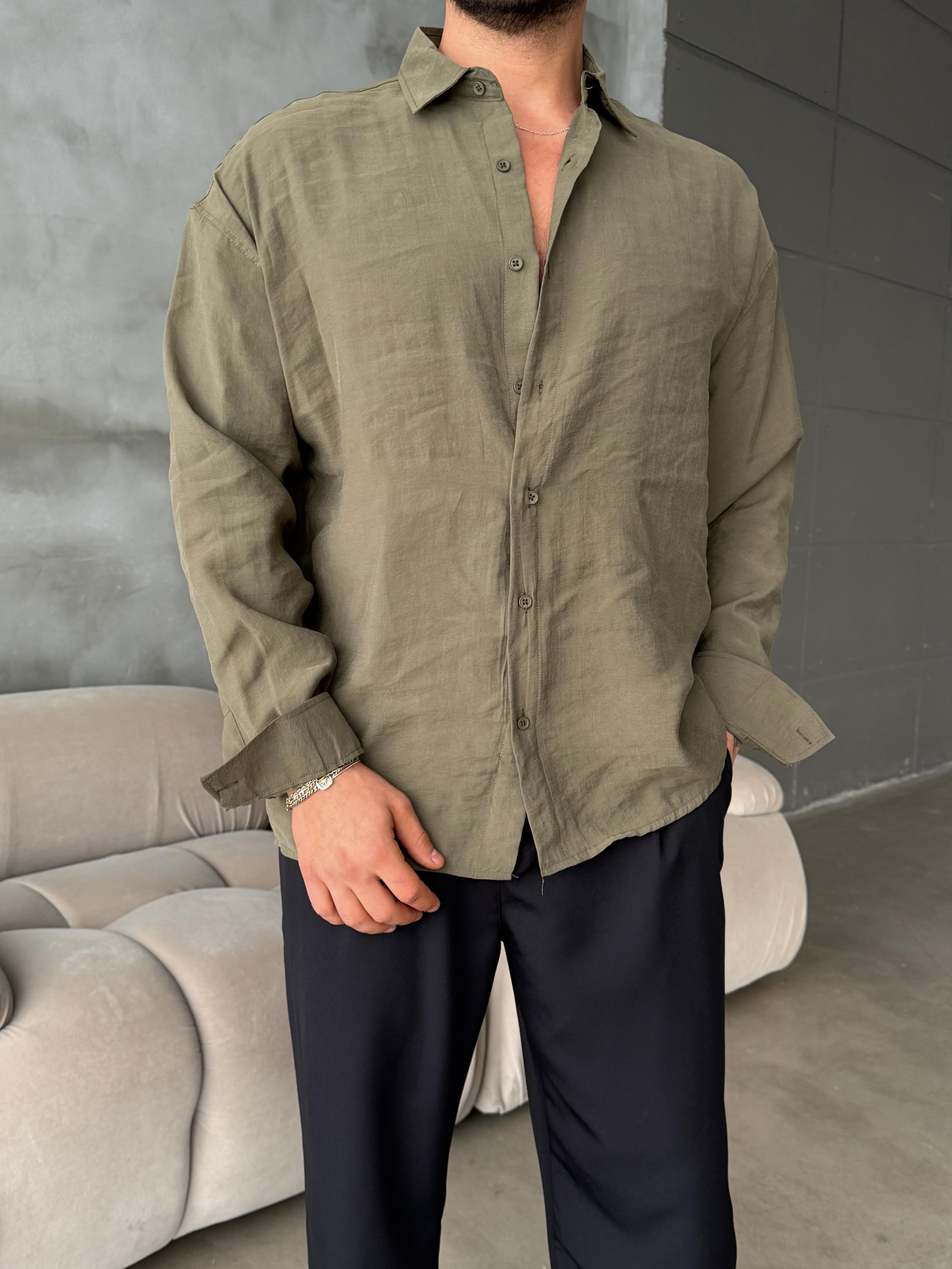 Haki Modal Kumaş Uzun Kol Gömlek MSS