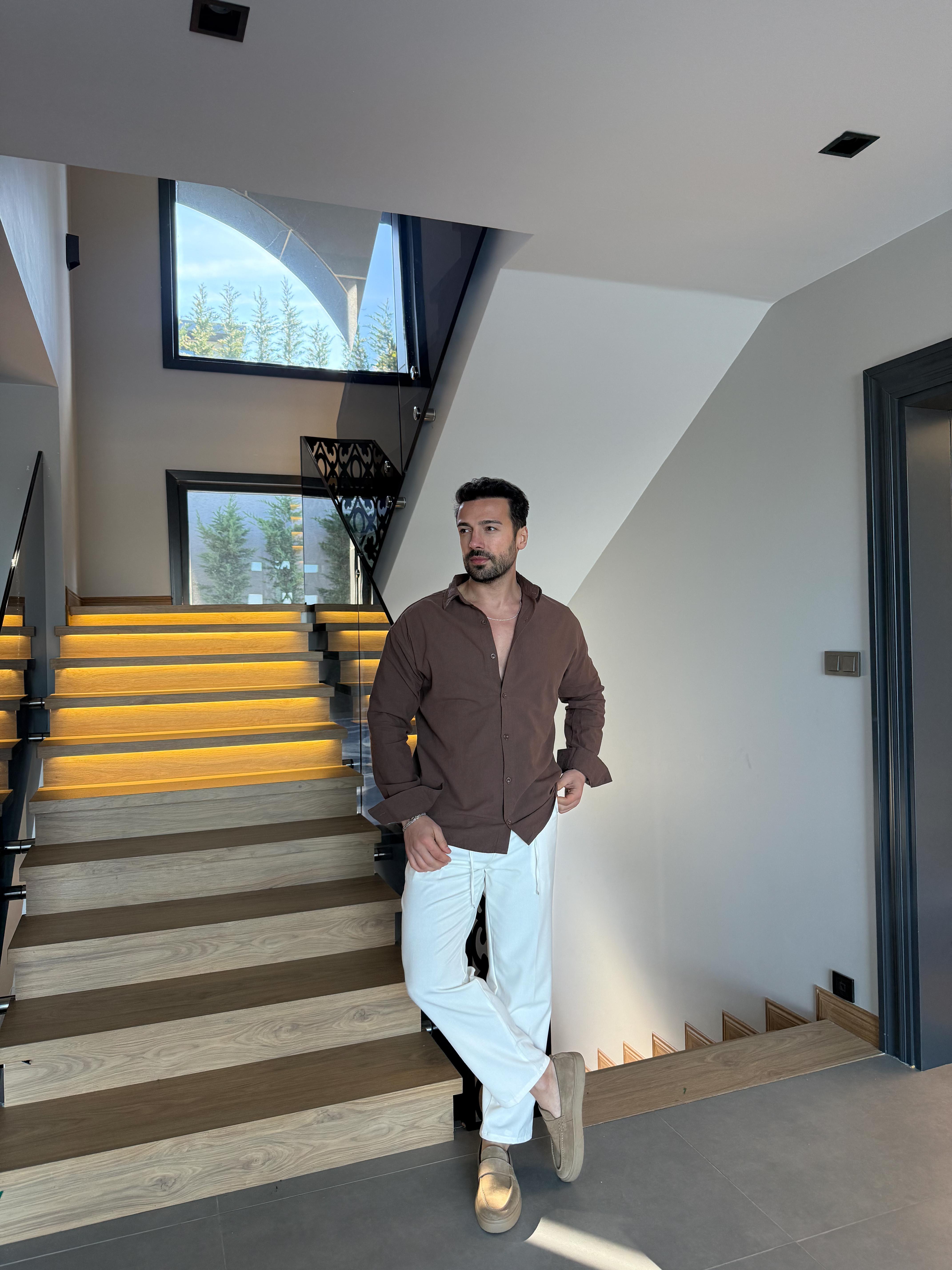 Kahve Flex Keten Pamuk Oversize Gömlek SNZ 1330