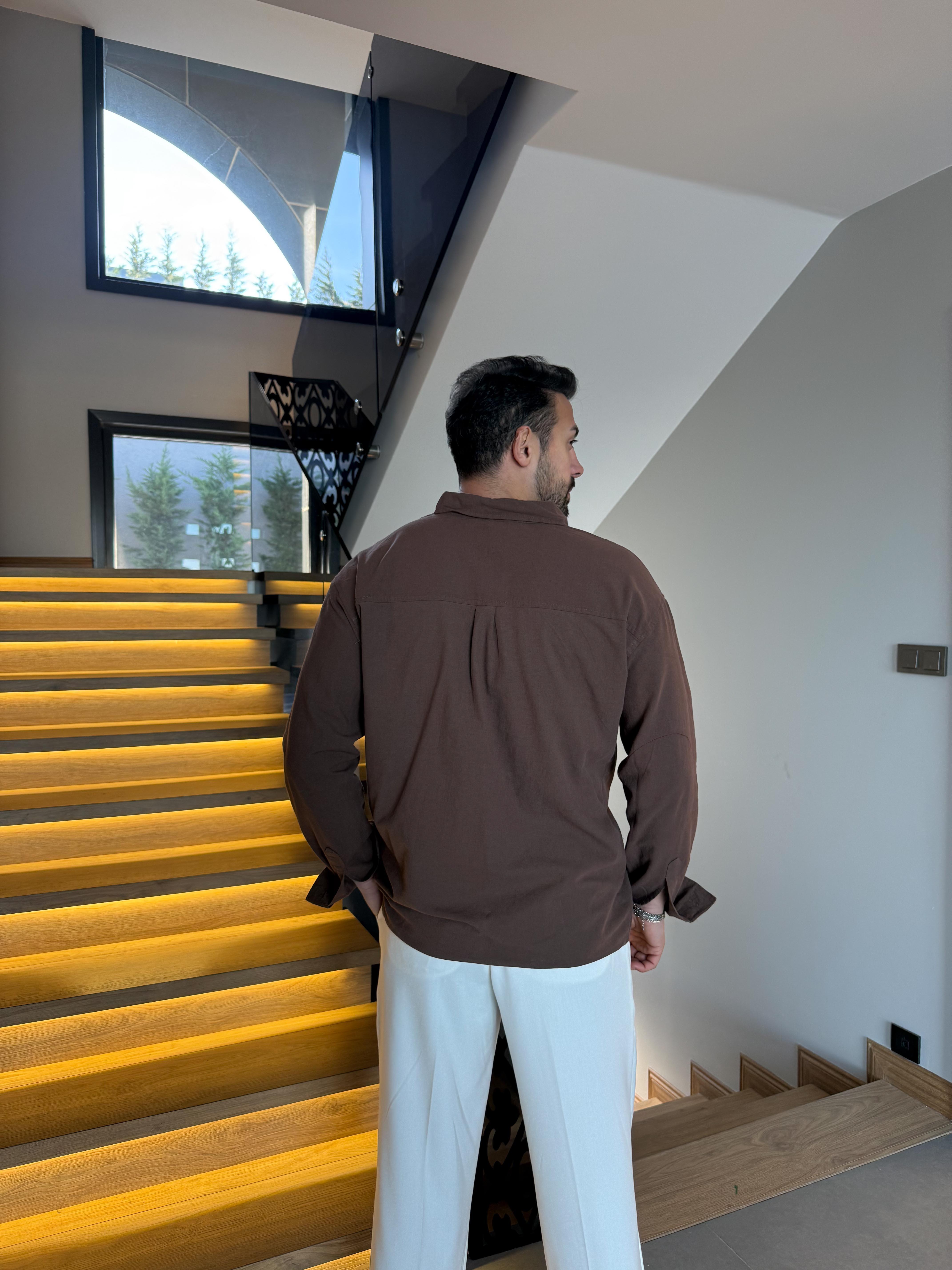 Kahve Flex Keten Pamuk Oversize Gömlek SNZ 1330