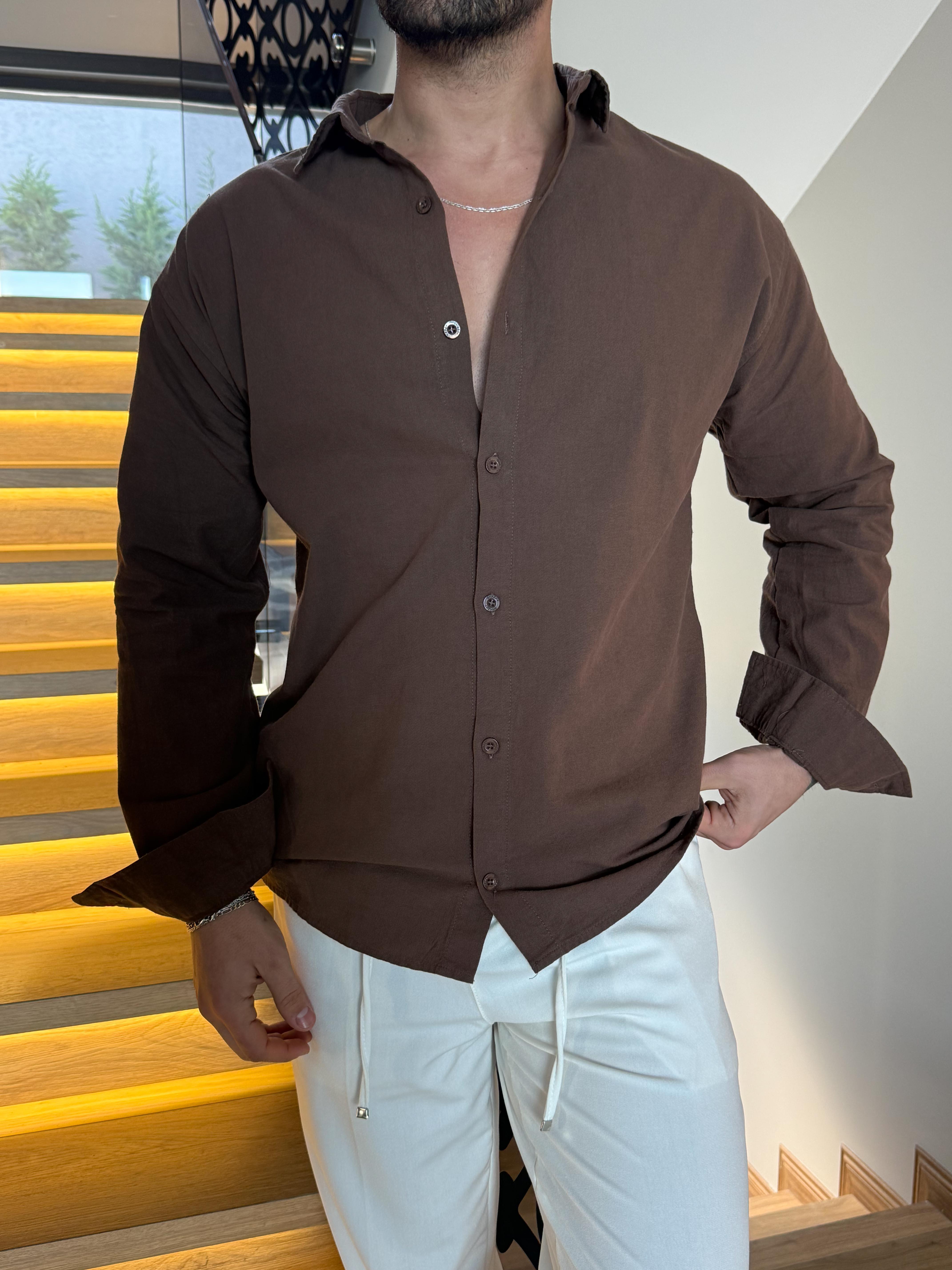 Kahve Flex Keten Pamuk Oversize Gömlek SNZ 1330