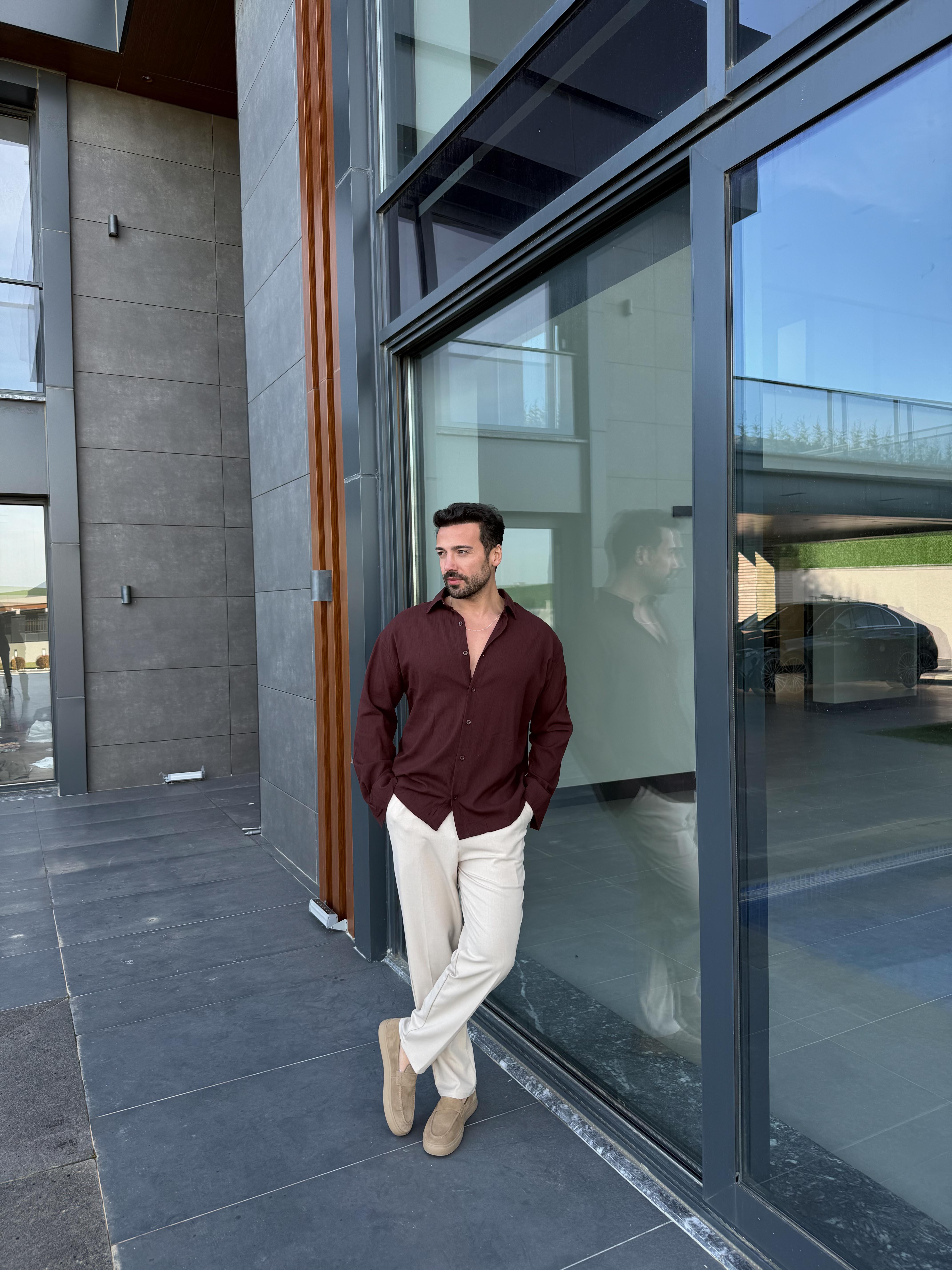 Kahve Krinkıl Pamuk Oversize Gömlek SNZ 1003