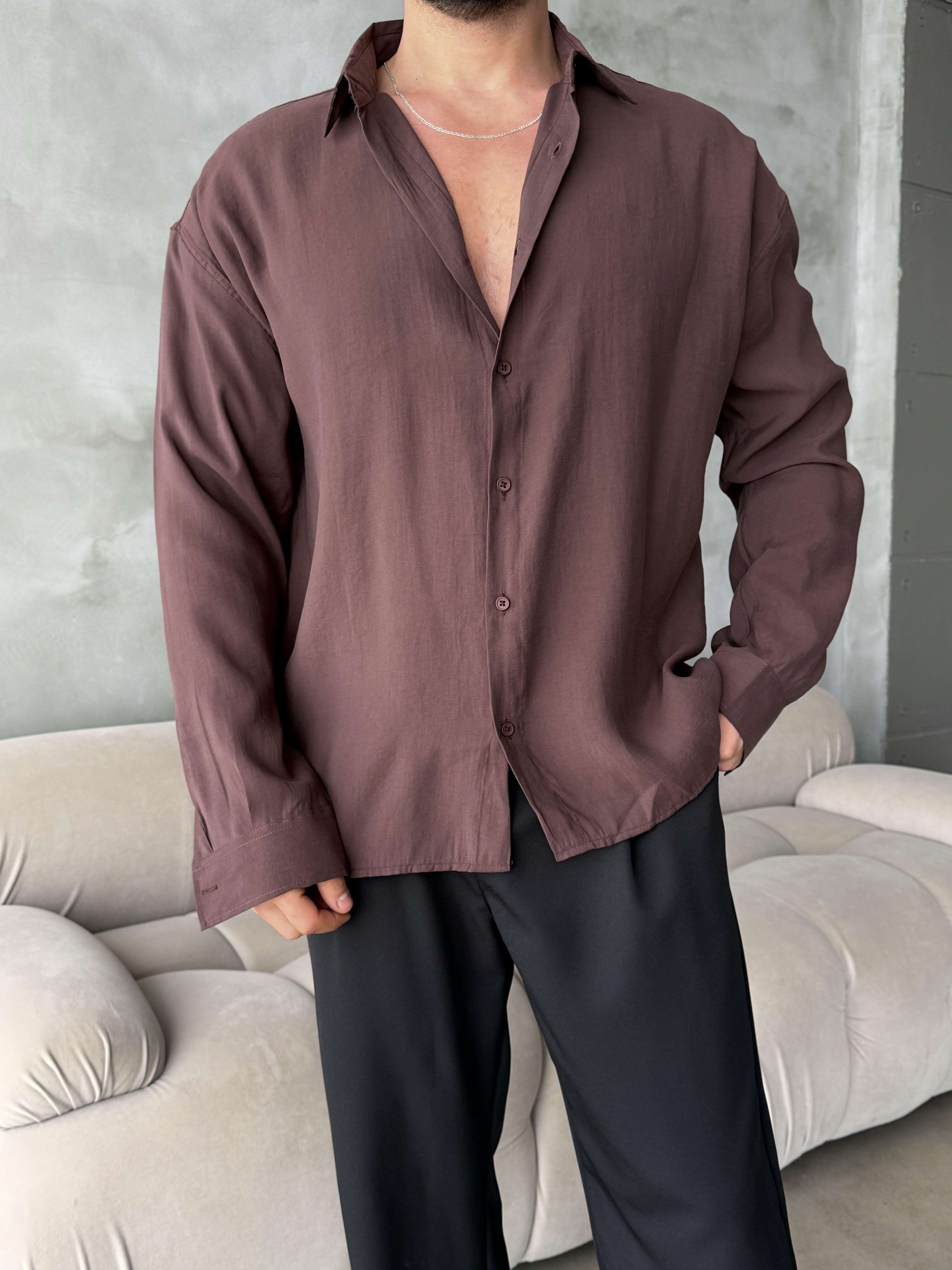 Kahve Modal Kumaş Uzun Kol Gömlek MSS