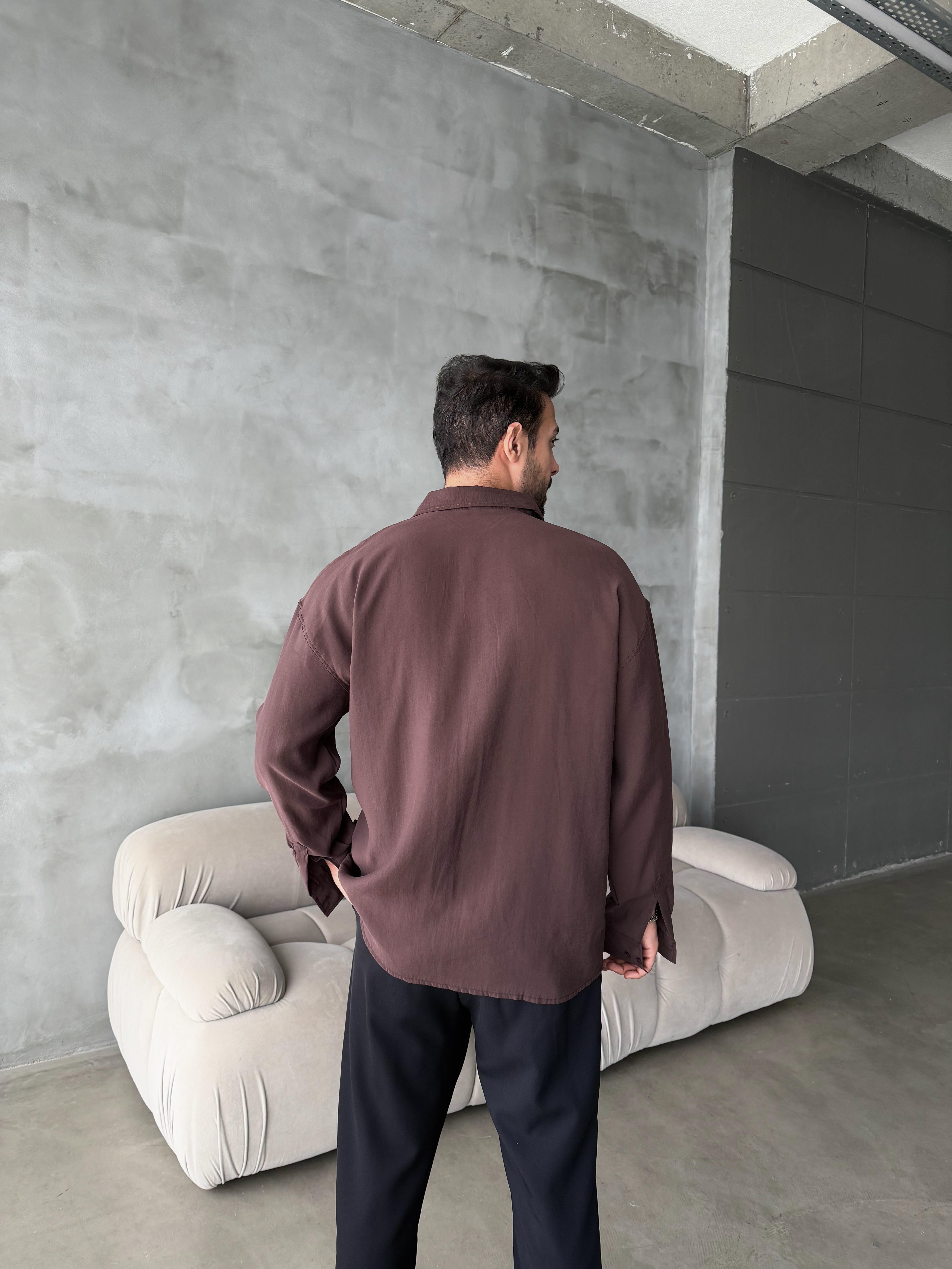 Kahve Modal Kumaş Uzun Kol Gömlek MSS