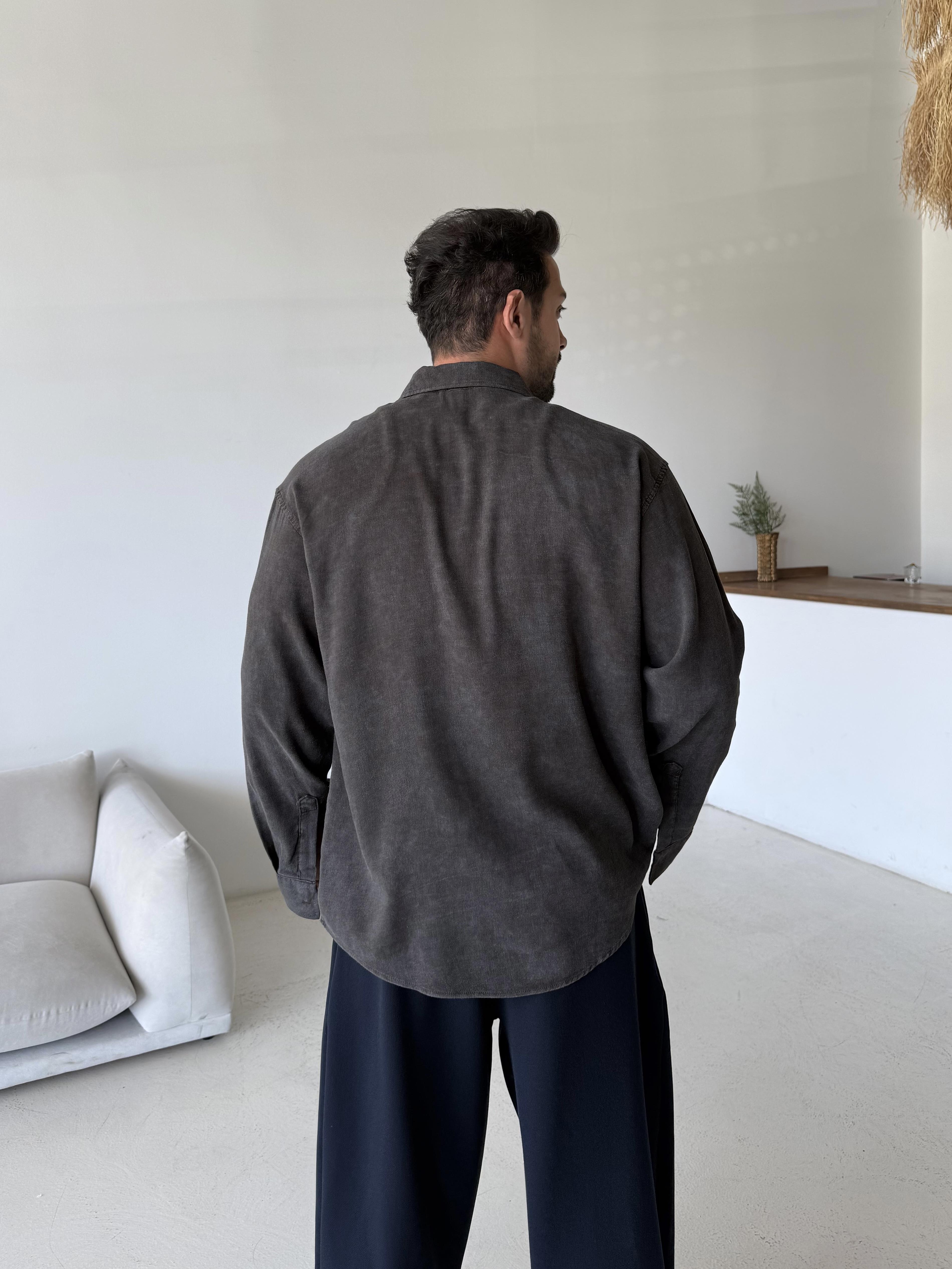 Kahve Yıkamalı Bol Modal Gömlek Esnt 4062