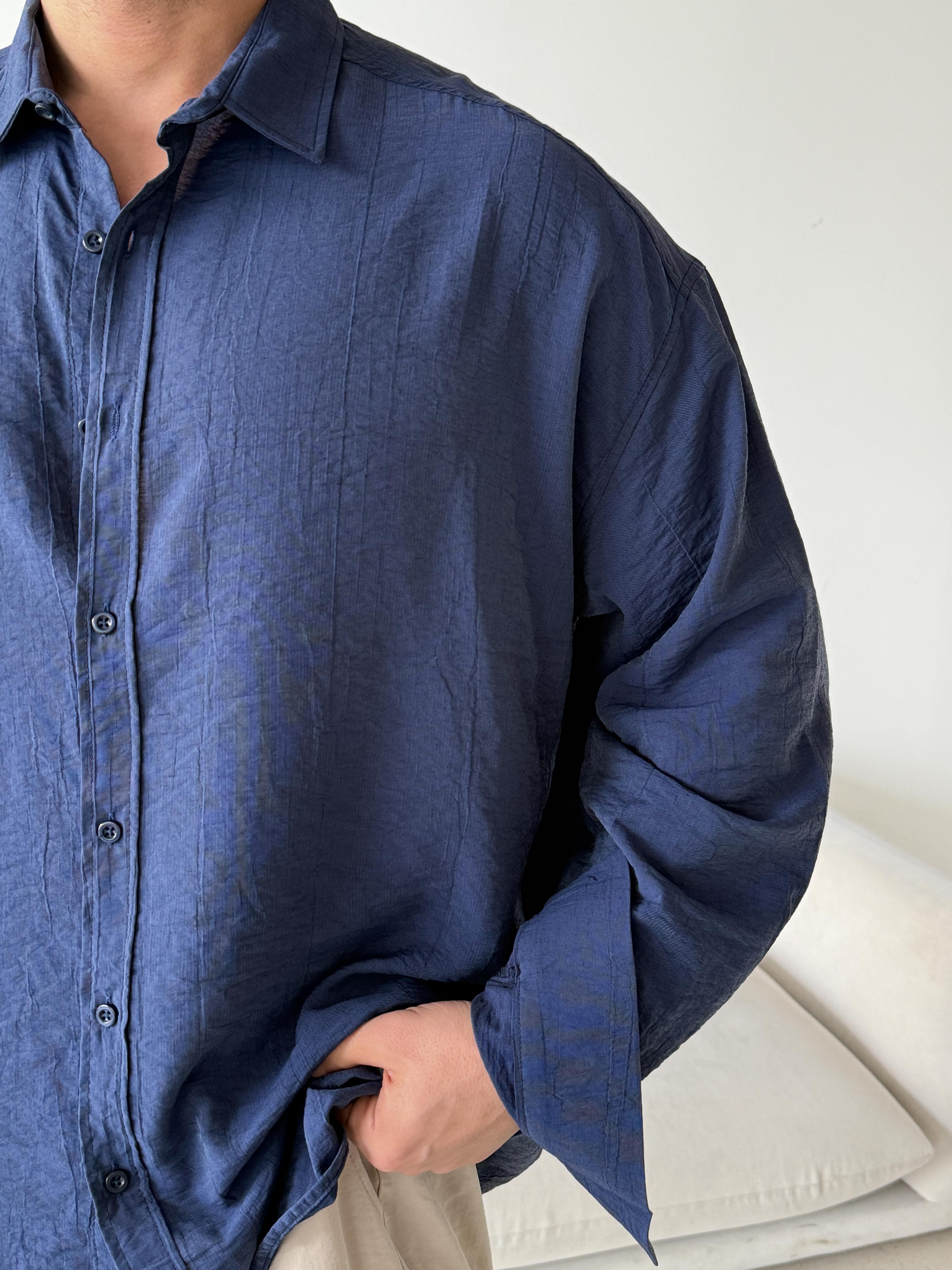 Lacivert Düz Krinkıl Detaylı Oversize Gömlek PLZ 26309