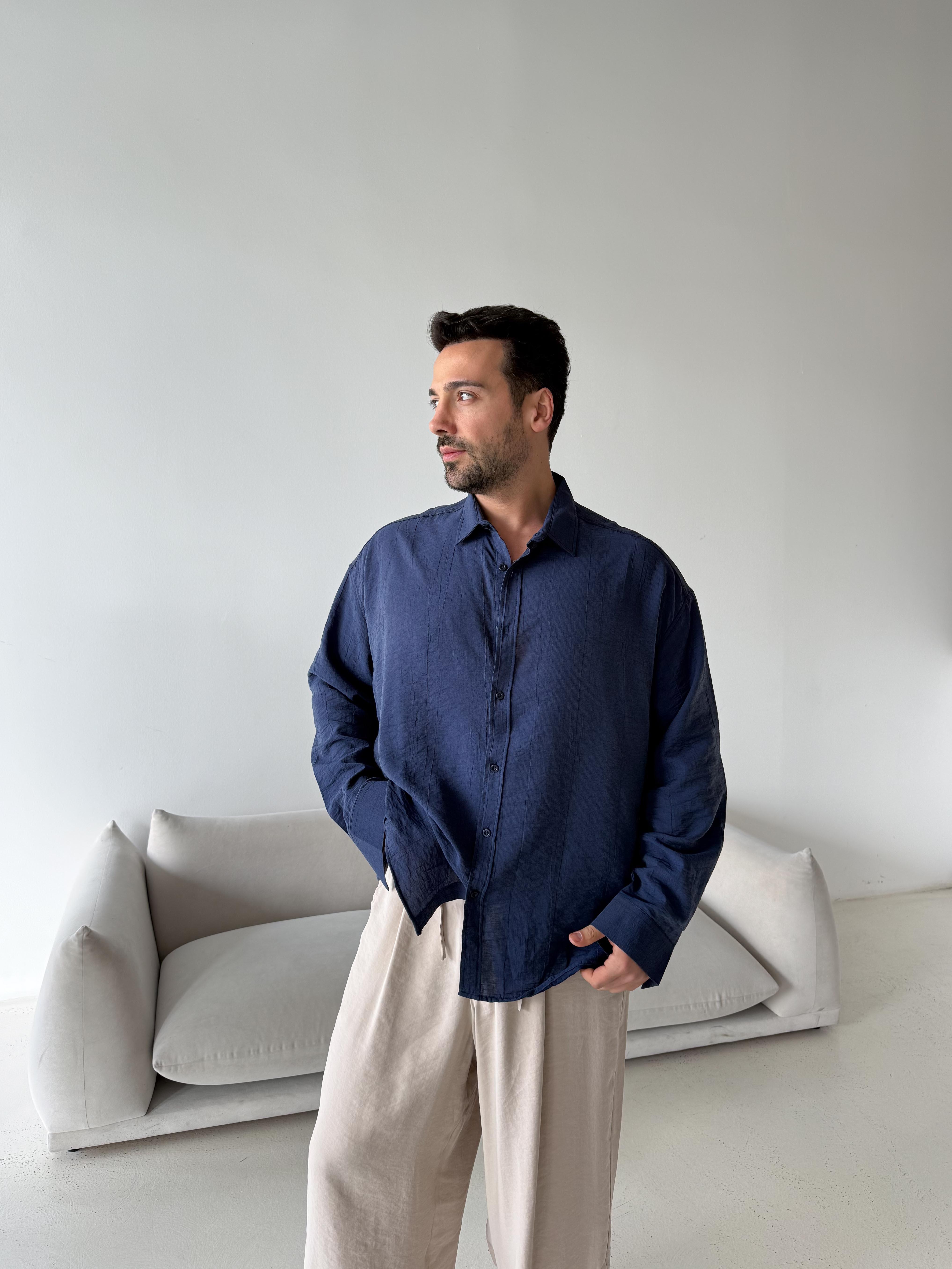 Lacivert Düz Krinkıl Detaylı Oversize Gömlek PLZ 26309