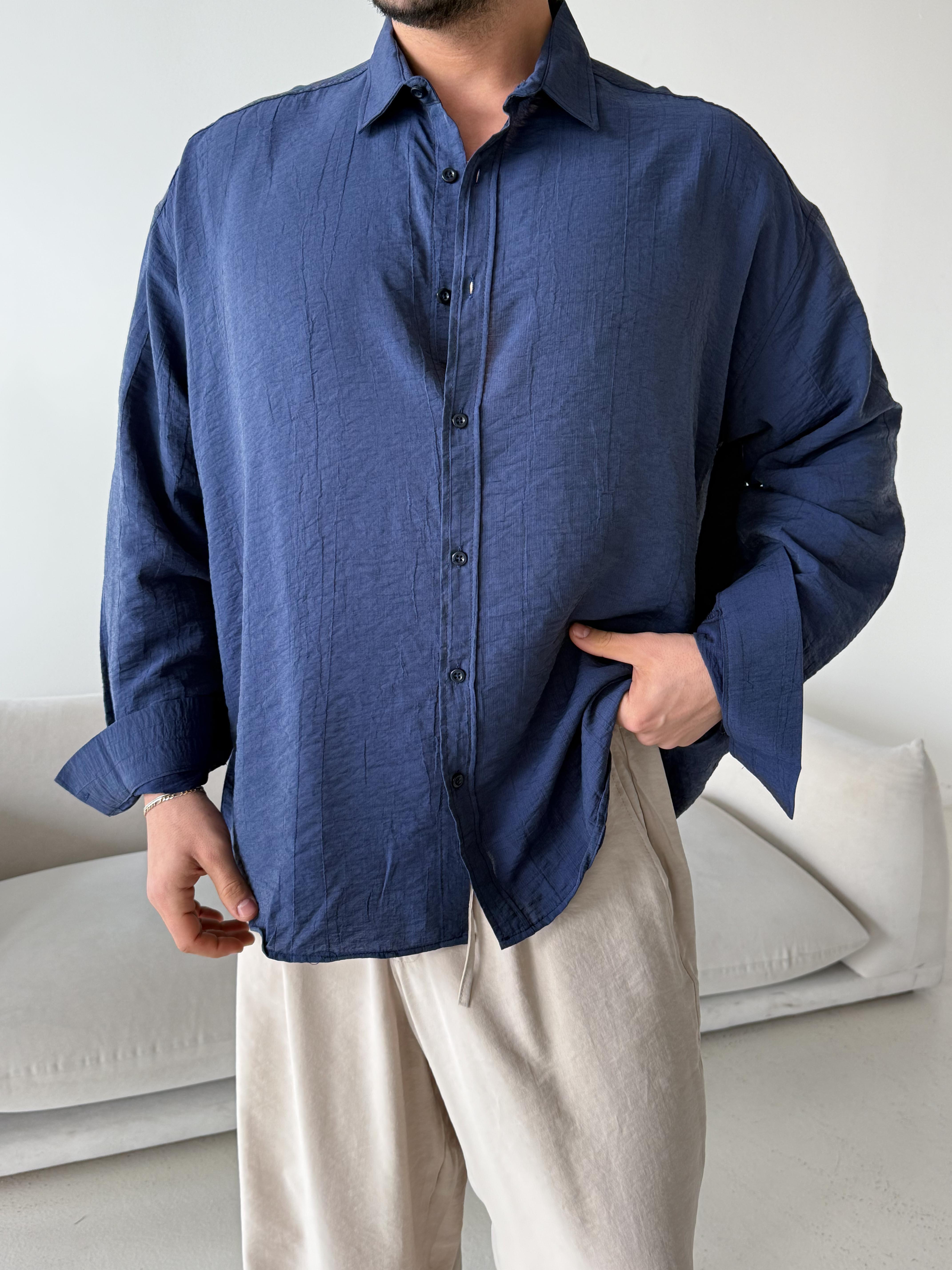 Lacivert Düz Krinkıl Detaylı Oversize Gömlek PLZ 26309