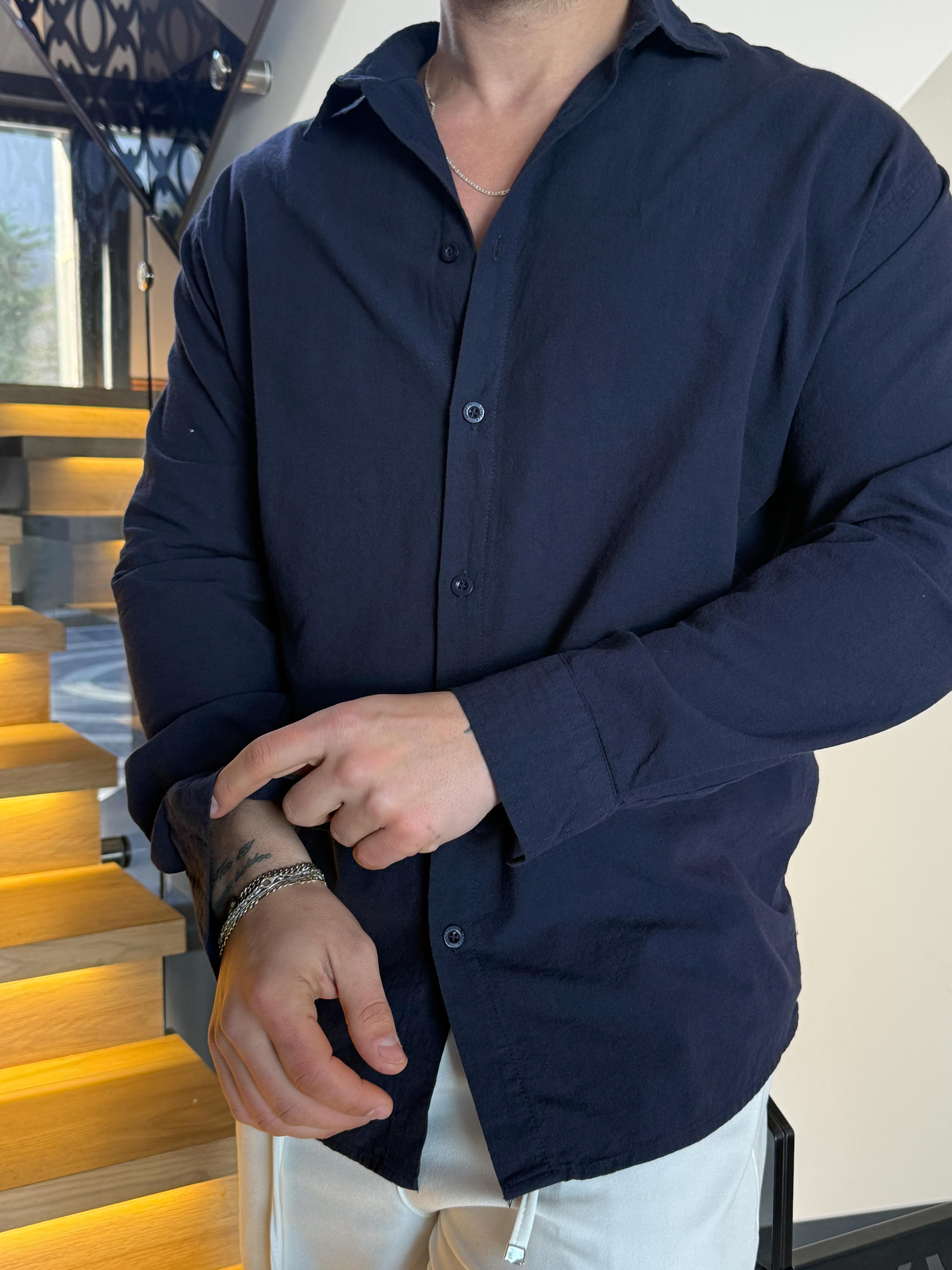 Lacivert Flex Keten Pamuk Oversize Gömlek SNZ 1330