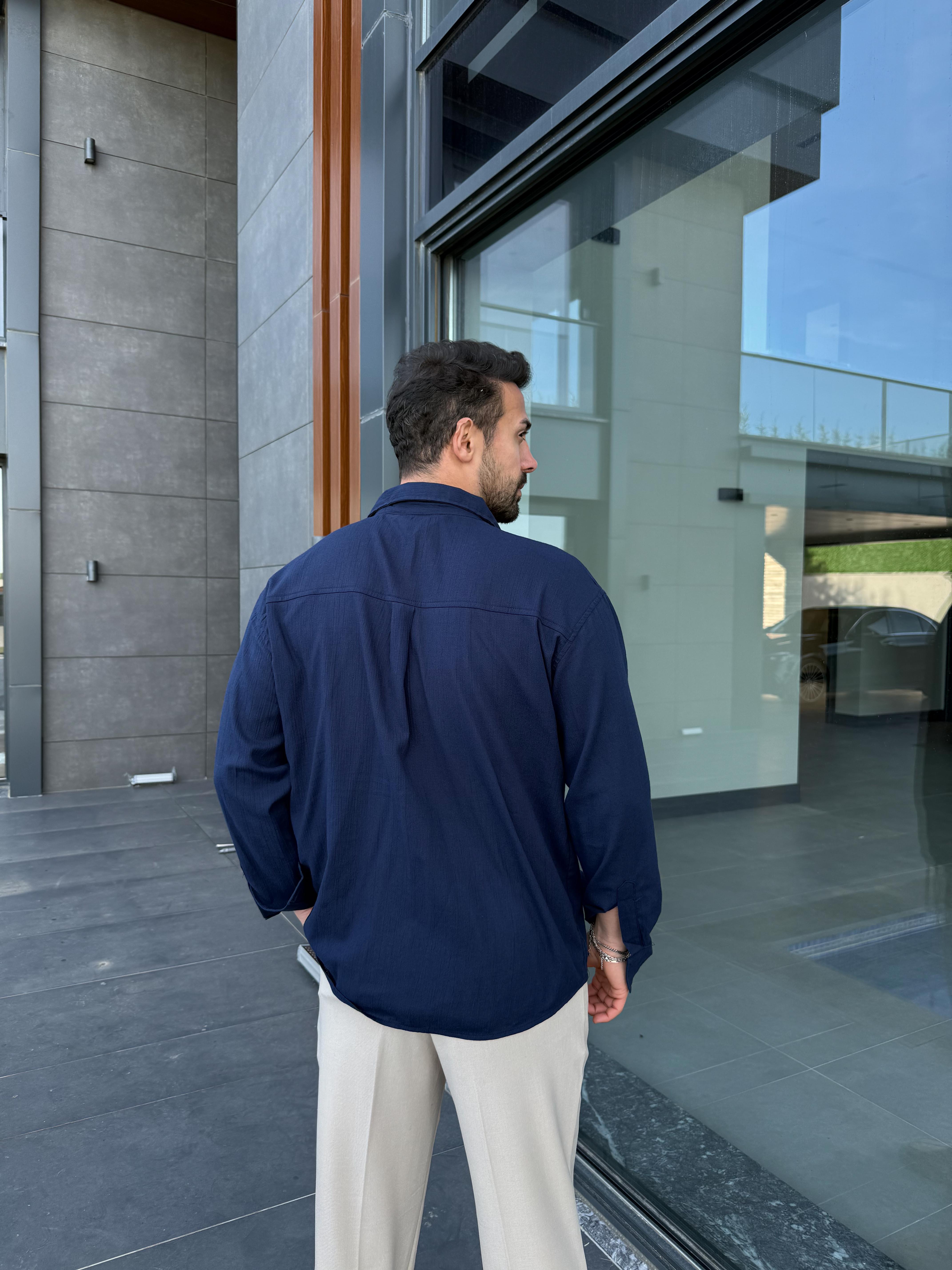 Lacivert Krinkıl Pamuk Oversize Gömlek SNZ 1003